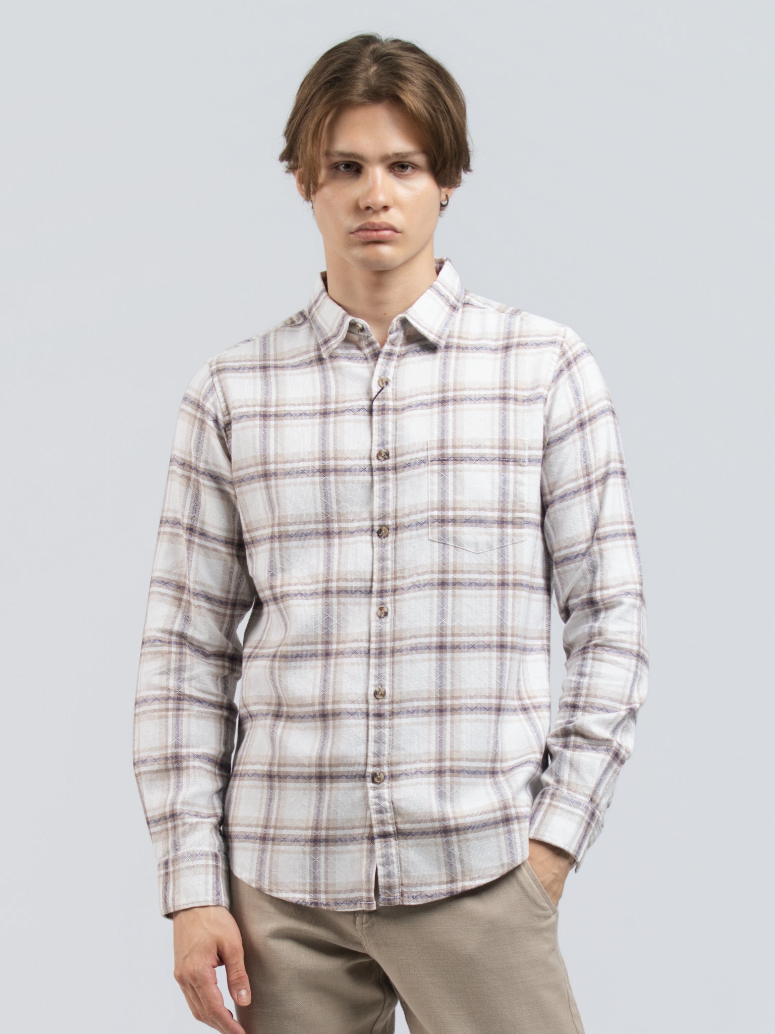 DEEDAT Slim Fit Cutaway Collar Long Sleeve Shirt - cream