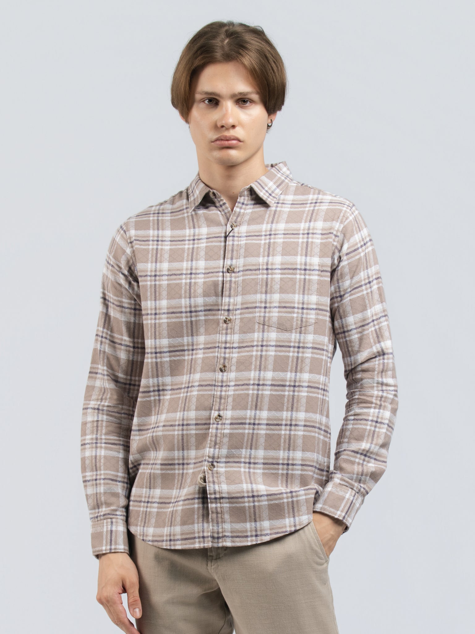 DEEDAT Slim Fit Cutaway Collar Long Sleeve Shirt - beige