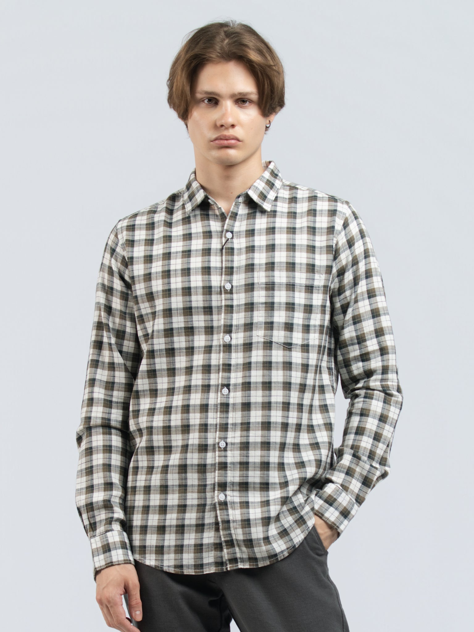 DEEDAT Slim Fit Long Sleeve cutaway collar check shirt - olive