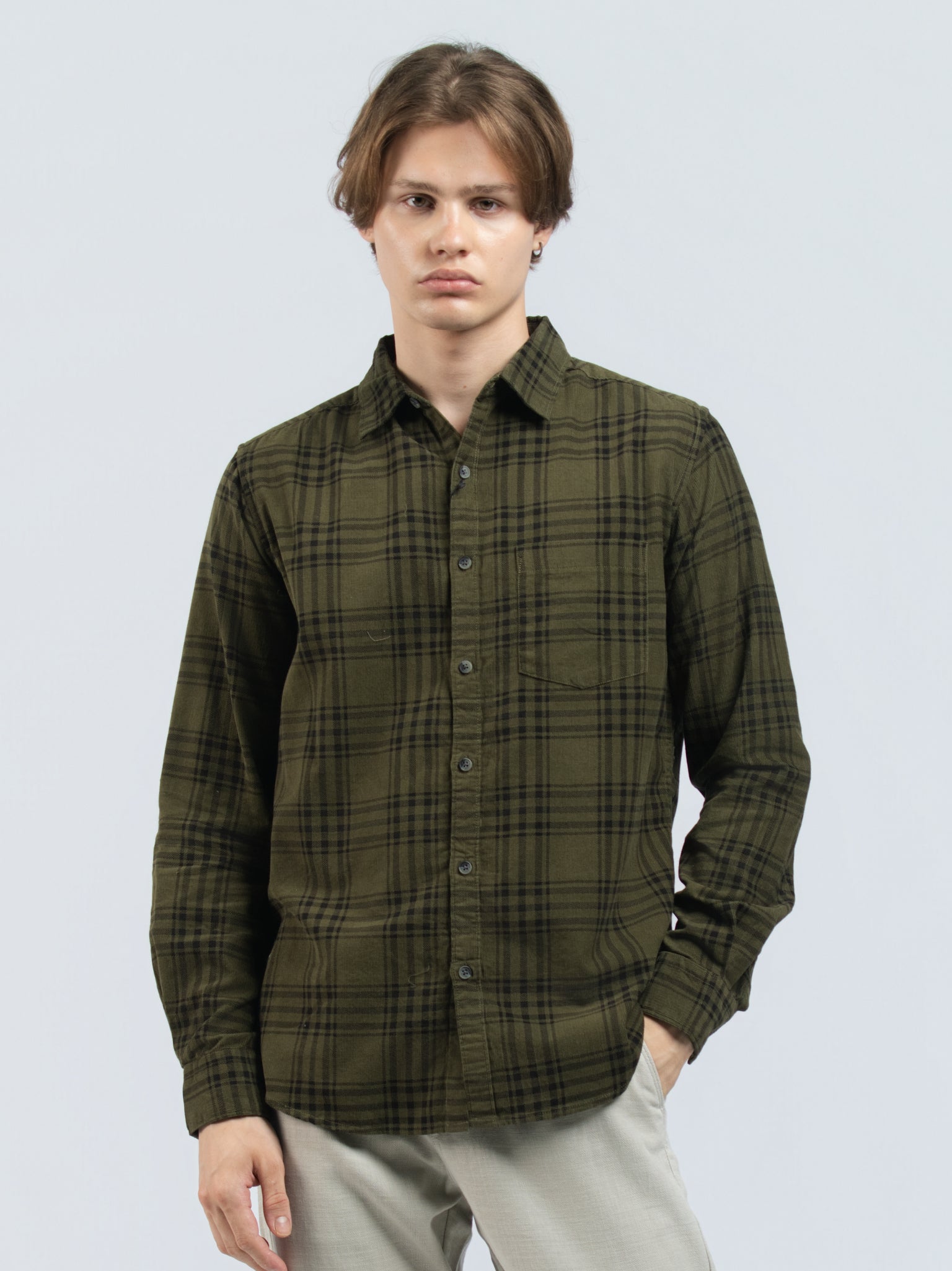 DEEDAT Slim Fit Long Sleeve check shirt - Olive Green