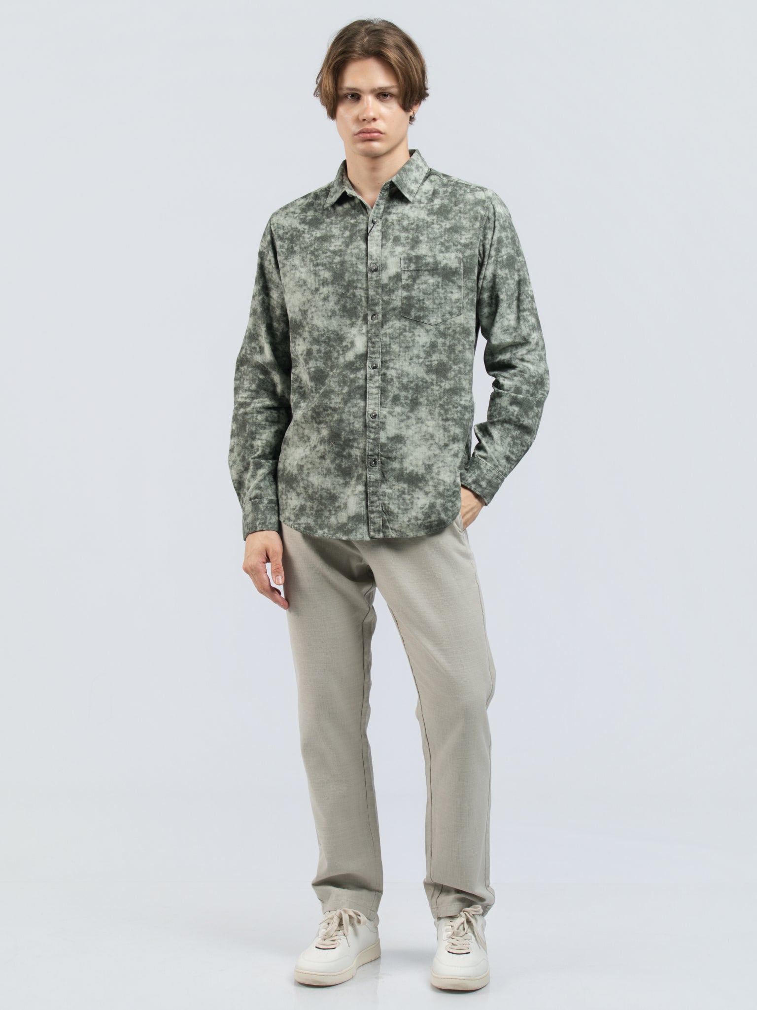 DEEDAT Slim Fit Long Sleeve cutaway collar printed shirt - Olive