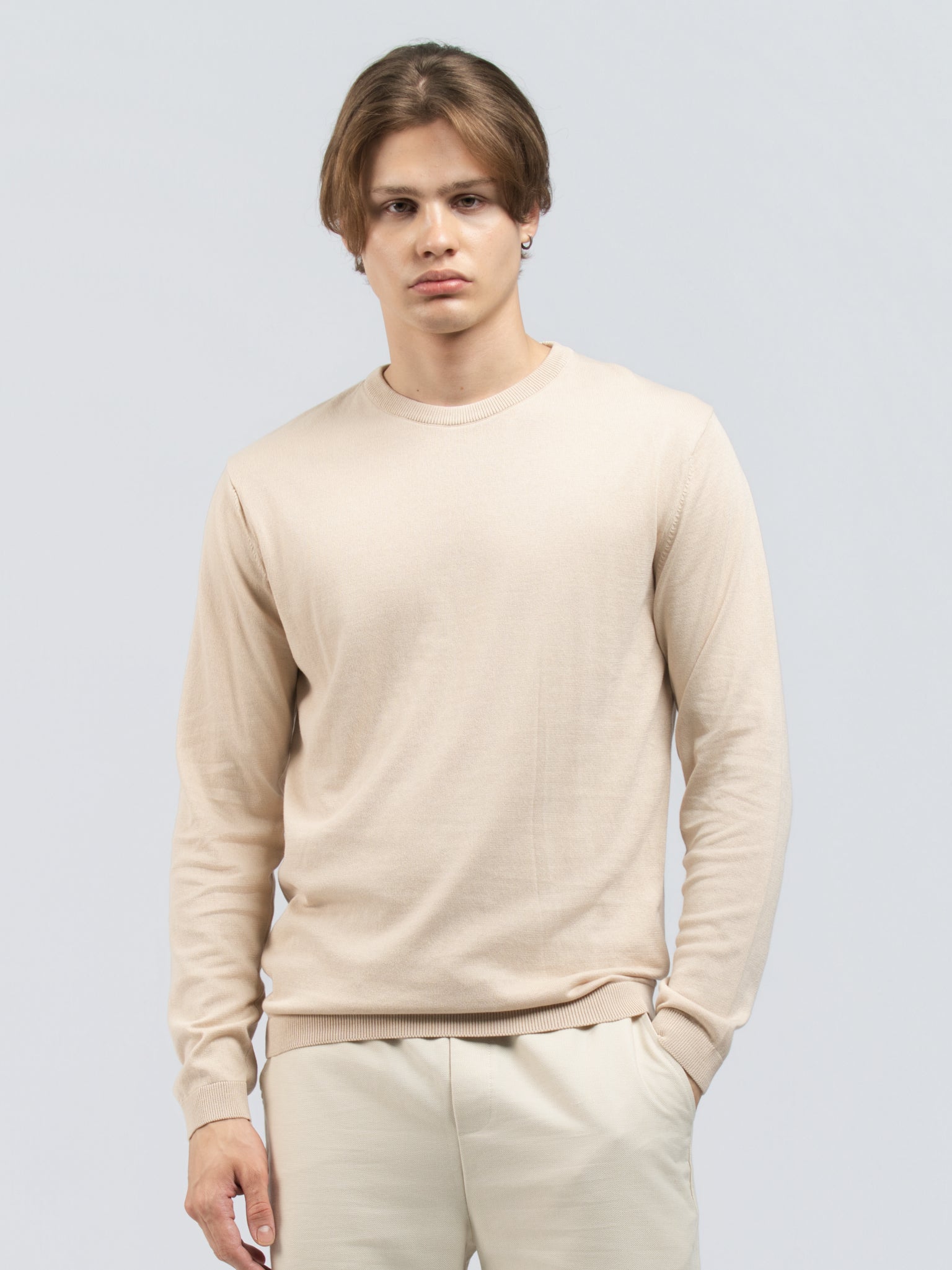 DEEDAT Slim Fit Crew Neck Long sleeve Tees - beige