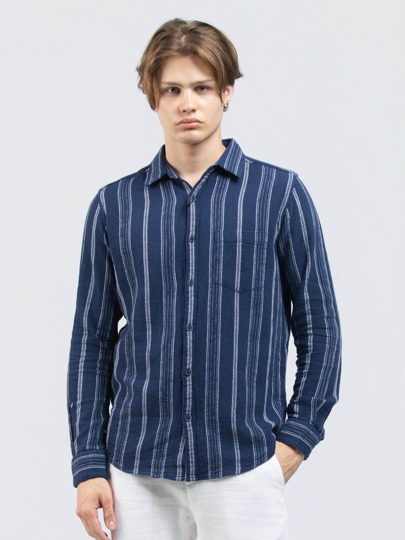 DEEDAT Slim Fit Long Sleeve cutaway collar stripe shirt - Navy
