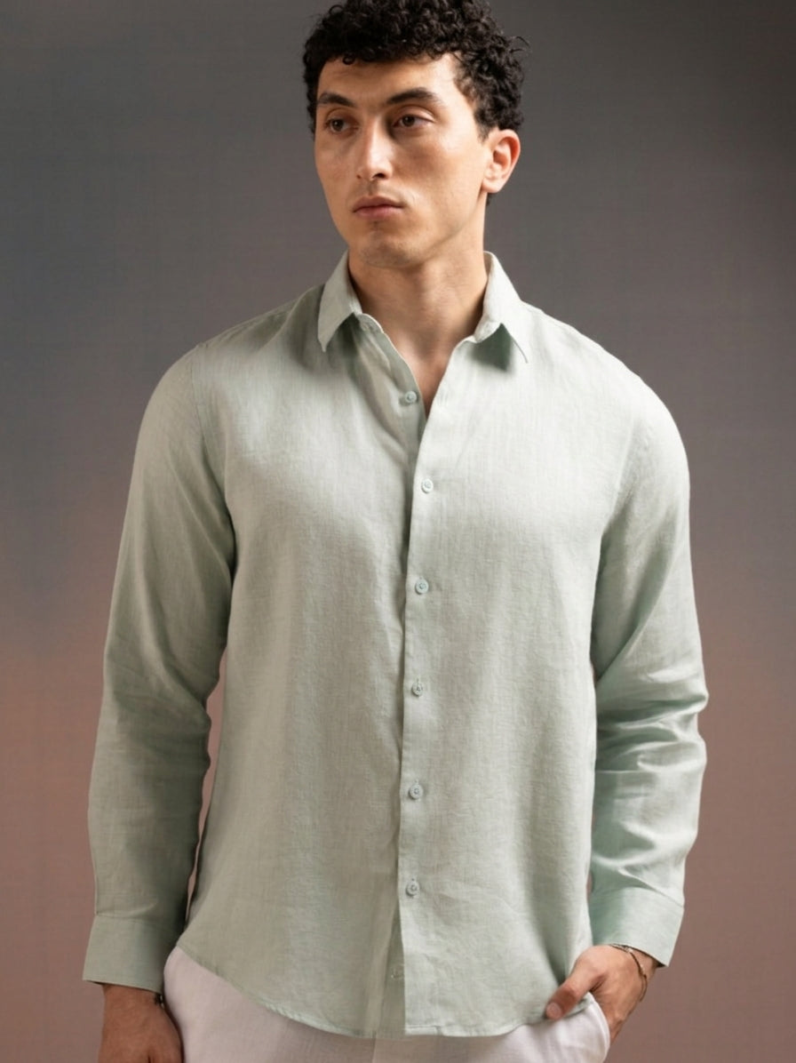 DEEDAT Regular Fit Cutaway Collar Linen Casual Shirt - Mint Green
