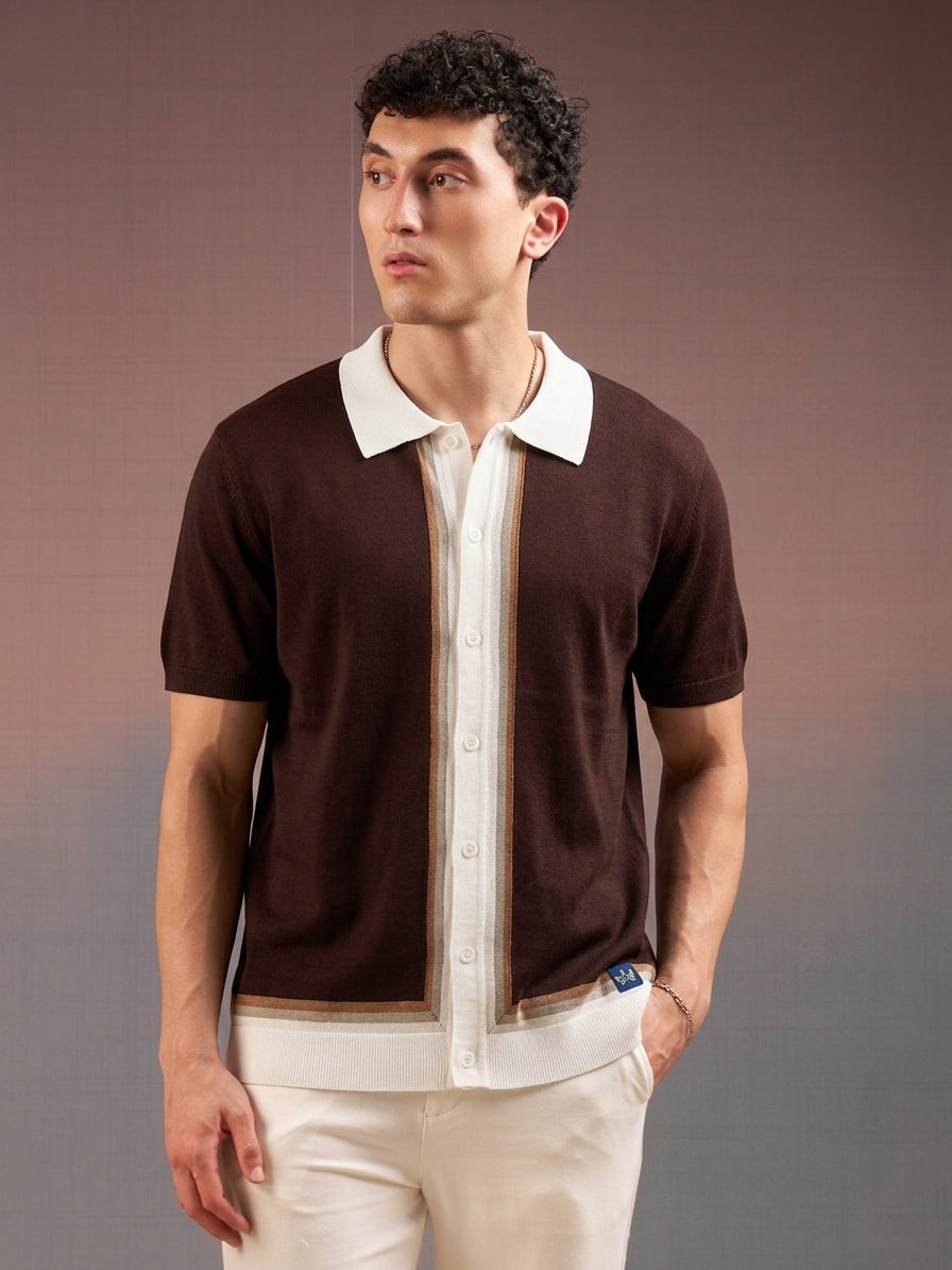 DEEDAT PORTOFINO Striped Cutaway Collar Short Sleeve Slim Fit Shirt - Brown