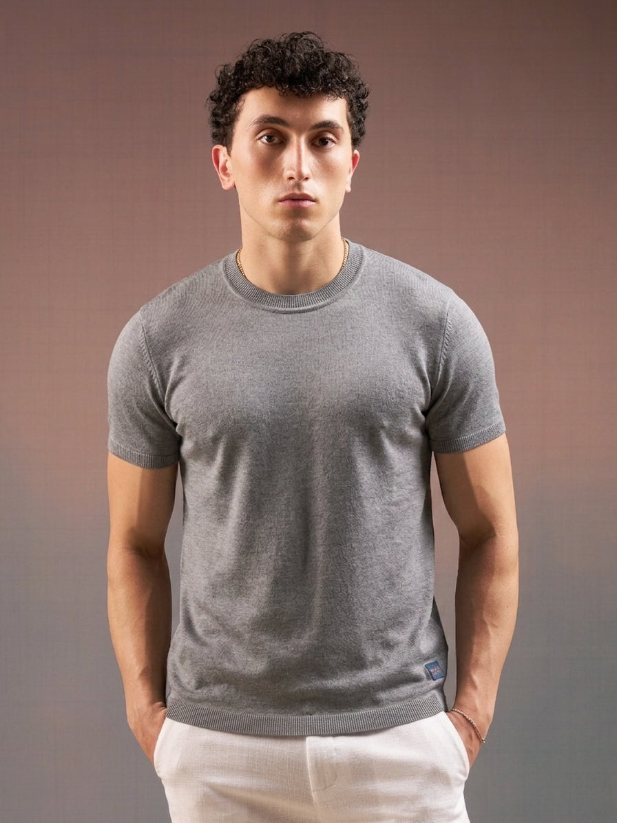 DEEDAT PORTOFINO Crew Neck Short Sleeve Slim Fit Tees - Grey