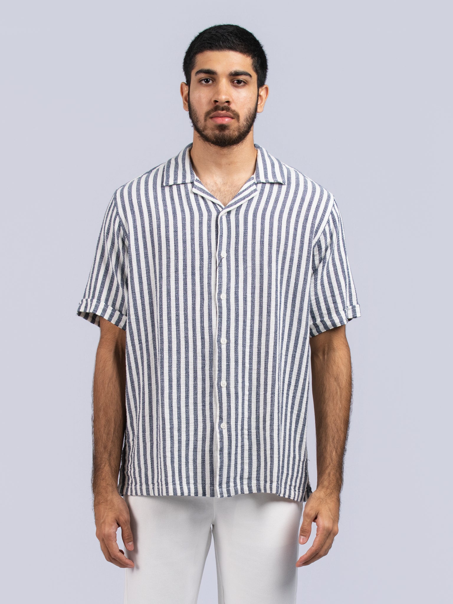 DEEDAT Cuban Collar Regular Fit Casual Shirt - Navy/Beige