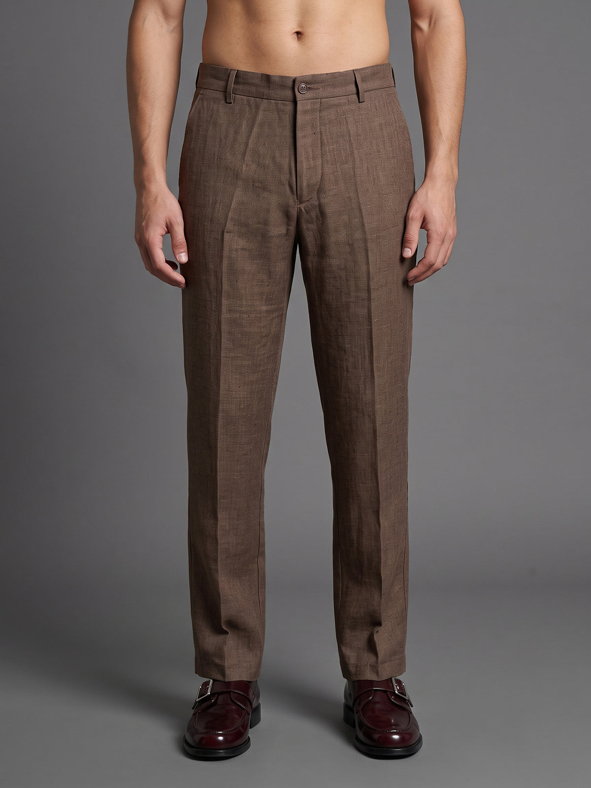 DEEDAT Men's Regular Fit Linen Pant - Brown