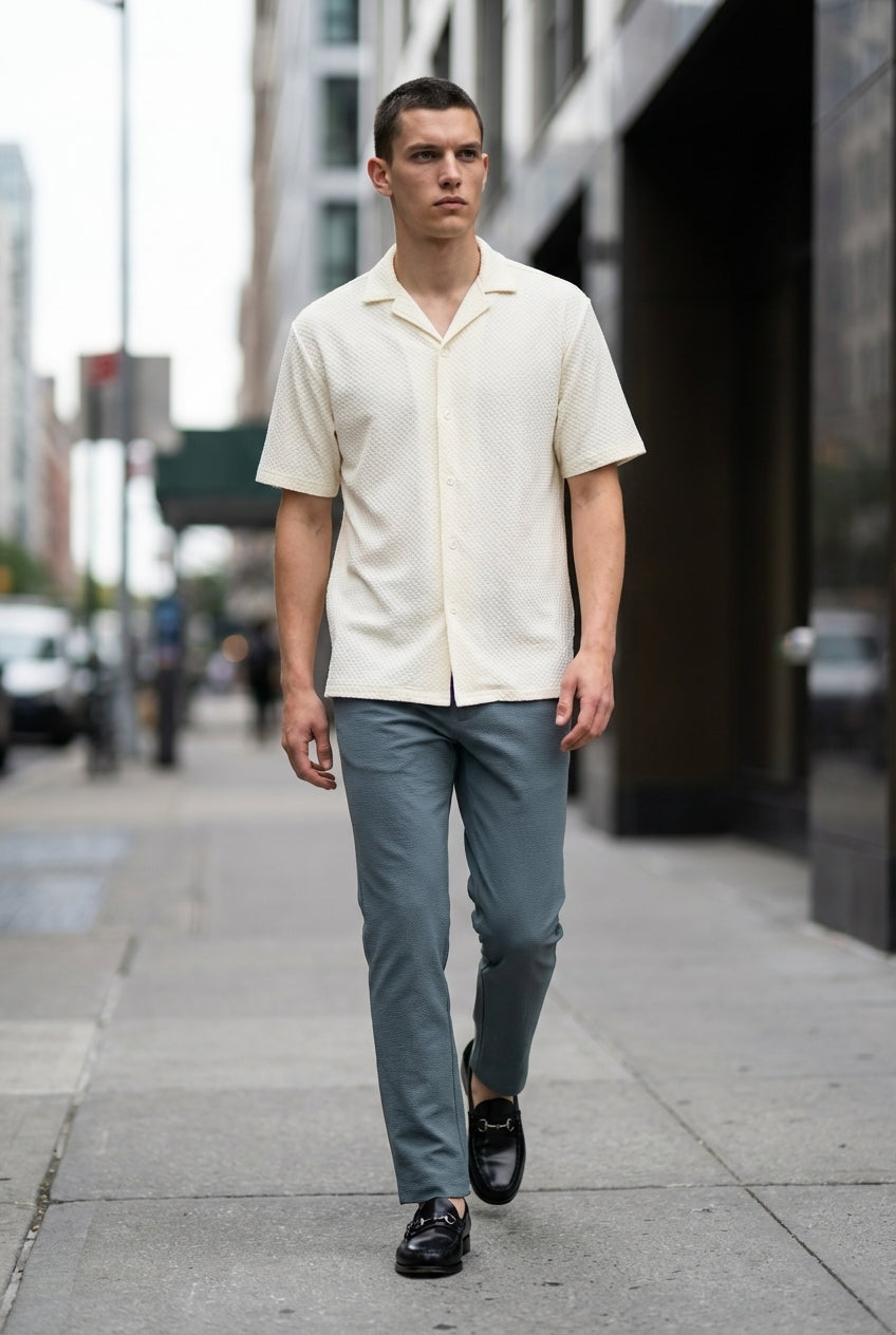 DEEDAT NATURE VERSE  Regular Fit Short Sleeves Cuban Collar Shirt - BEIGE