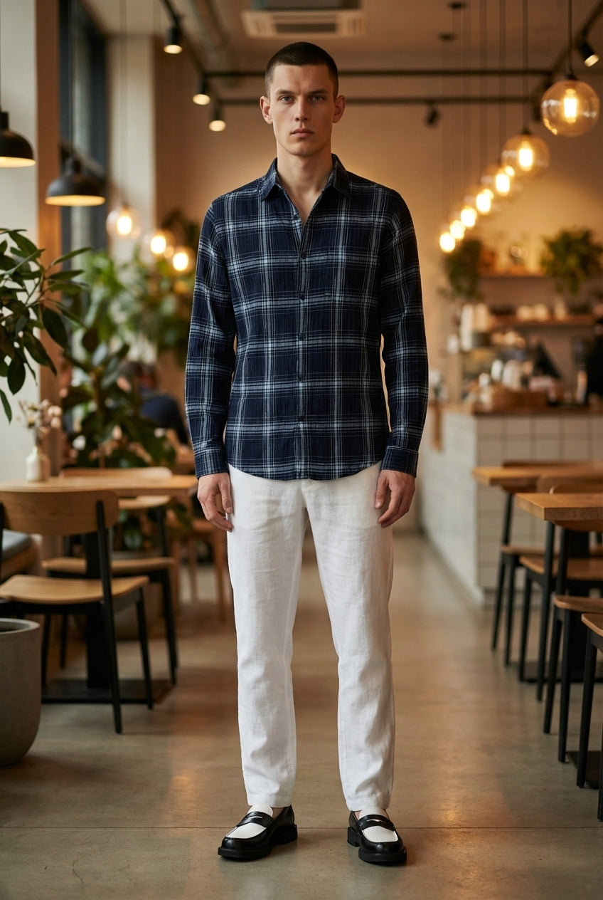 DEEDAT Check Long Sleeves Slim Fit Cutaway Collar Shirt - Denim Blue