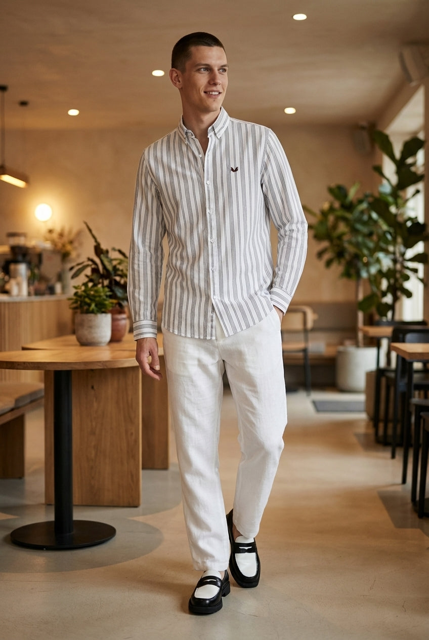 DEEDAT Striped Long Sleeves  Regular Fit Cutaway Collar Shirt - White and Black