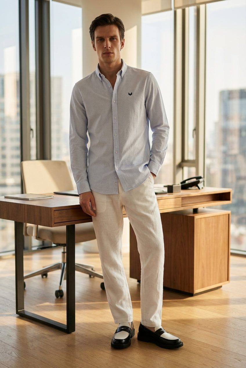 DEEDAT Striped  Long Sleeves  Regular Fit  Cutaway Collar Shirt - Blue and White