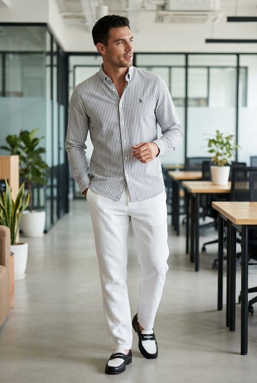 DEEDAT Striped Long Sleeves  Regular Fit Cutaway Collar Shirt - Black and White