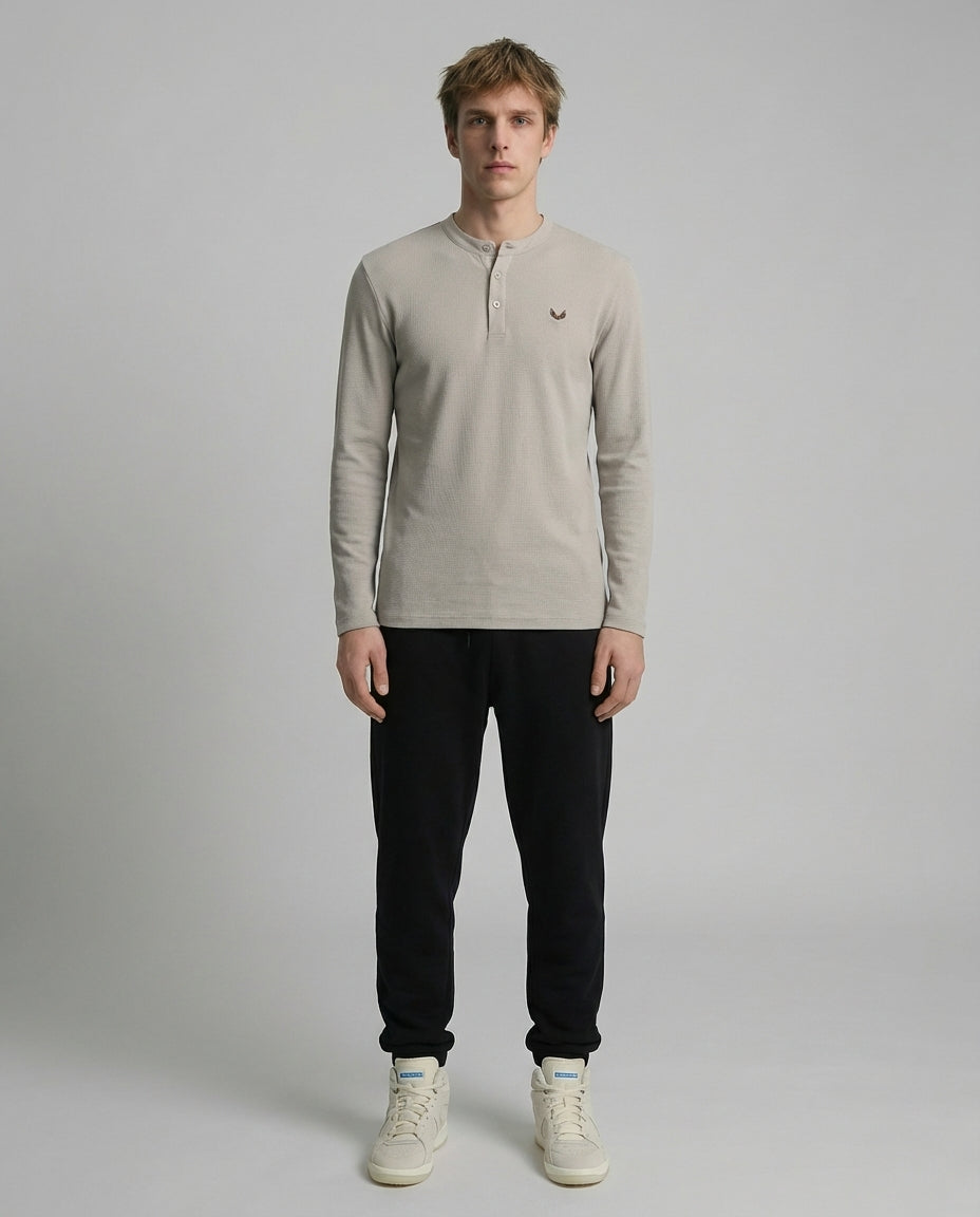 DEEDAT LONG SLEEVE SLIMFIT HENLEY NECK TEES-BEIGE