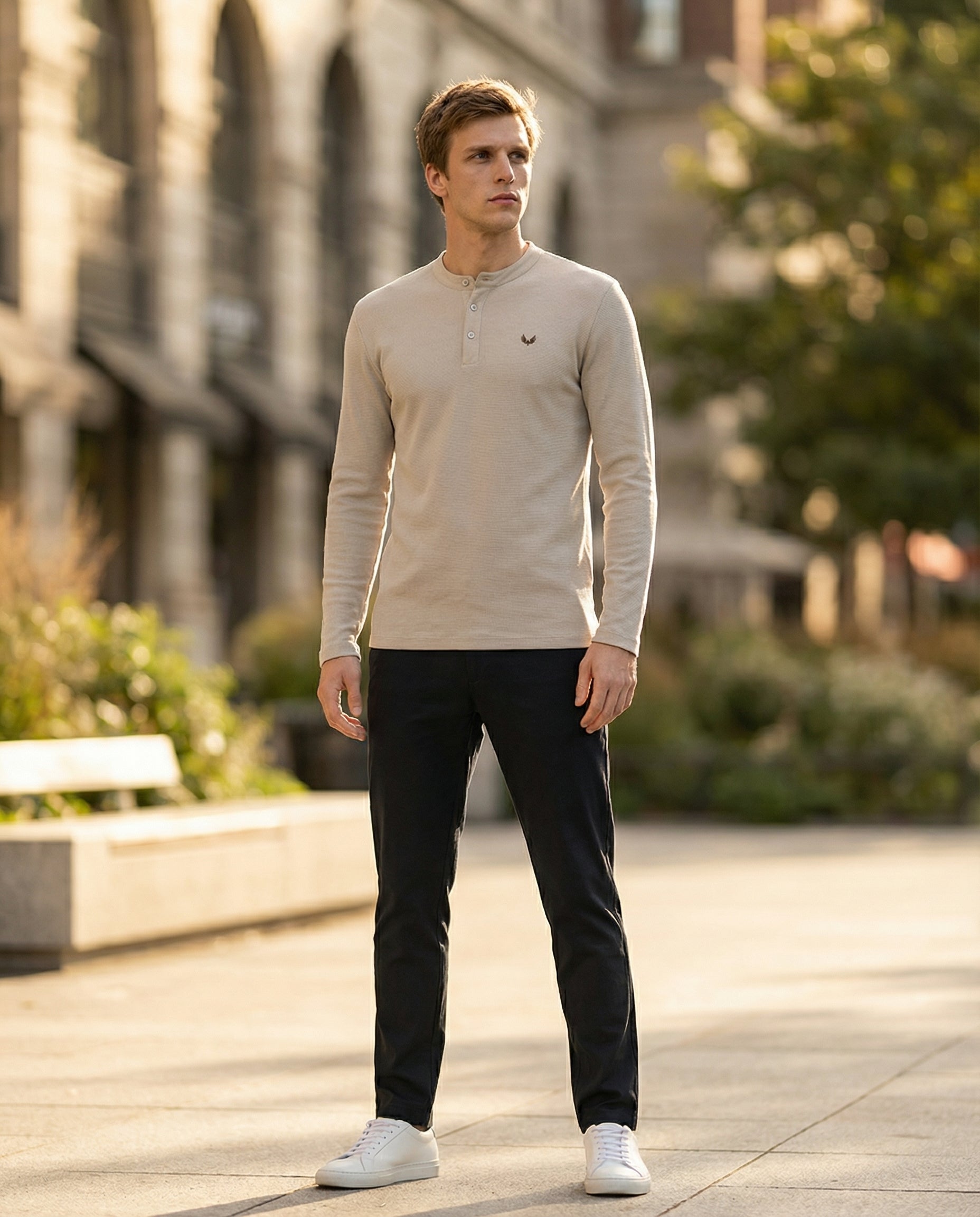 DEEDAT LONG SLEEVE SLIMFIT HENLEY NECK TEES-BEIGE