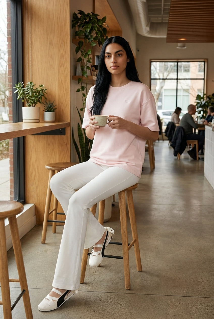 DEEDAT OVERSIZED Crew Neck Curved Hem Short Sleeve Tees - Light Pink