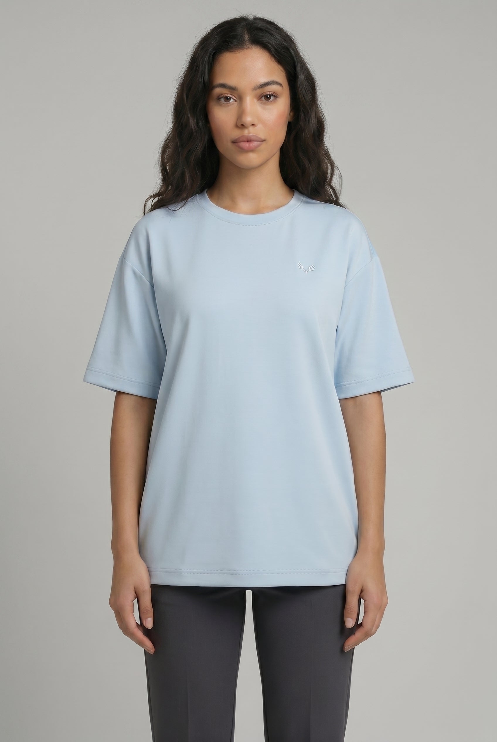 DEEDAT OVERSIZED Crew Neck Curved Hem Short Sleeve Tees - Light Blue