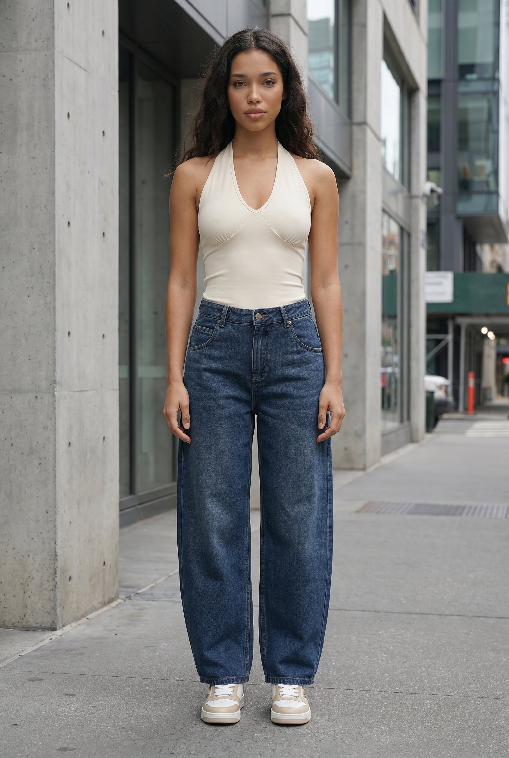 DEEDAT Barrel Cut Ladies Jeans - Mid Blue