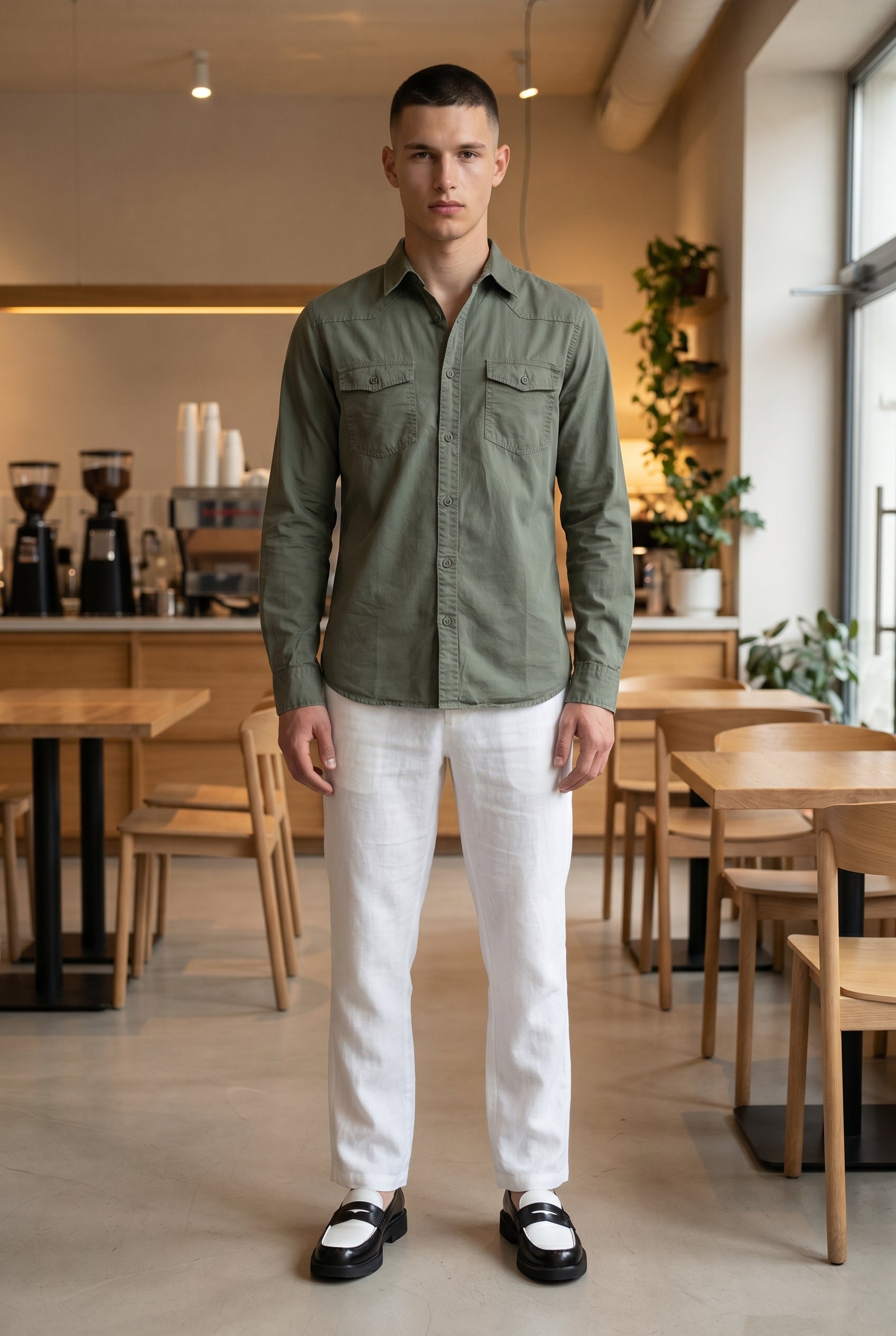 DEEDAT Long Sleeves slim Fit Cutaway Collar Shirt -Light Green