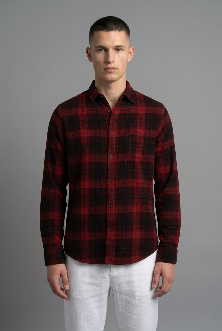 DEEDAT Check Long Sleeves Regular Fit Cutaway Collar Shirt - Red