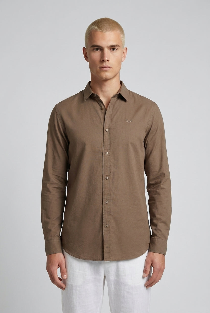 DEEDAT Linen Regular Fit Long Sleeves Cutaway Collar Shirt - Brown