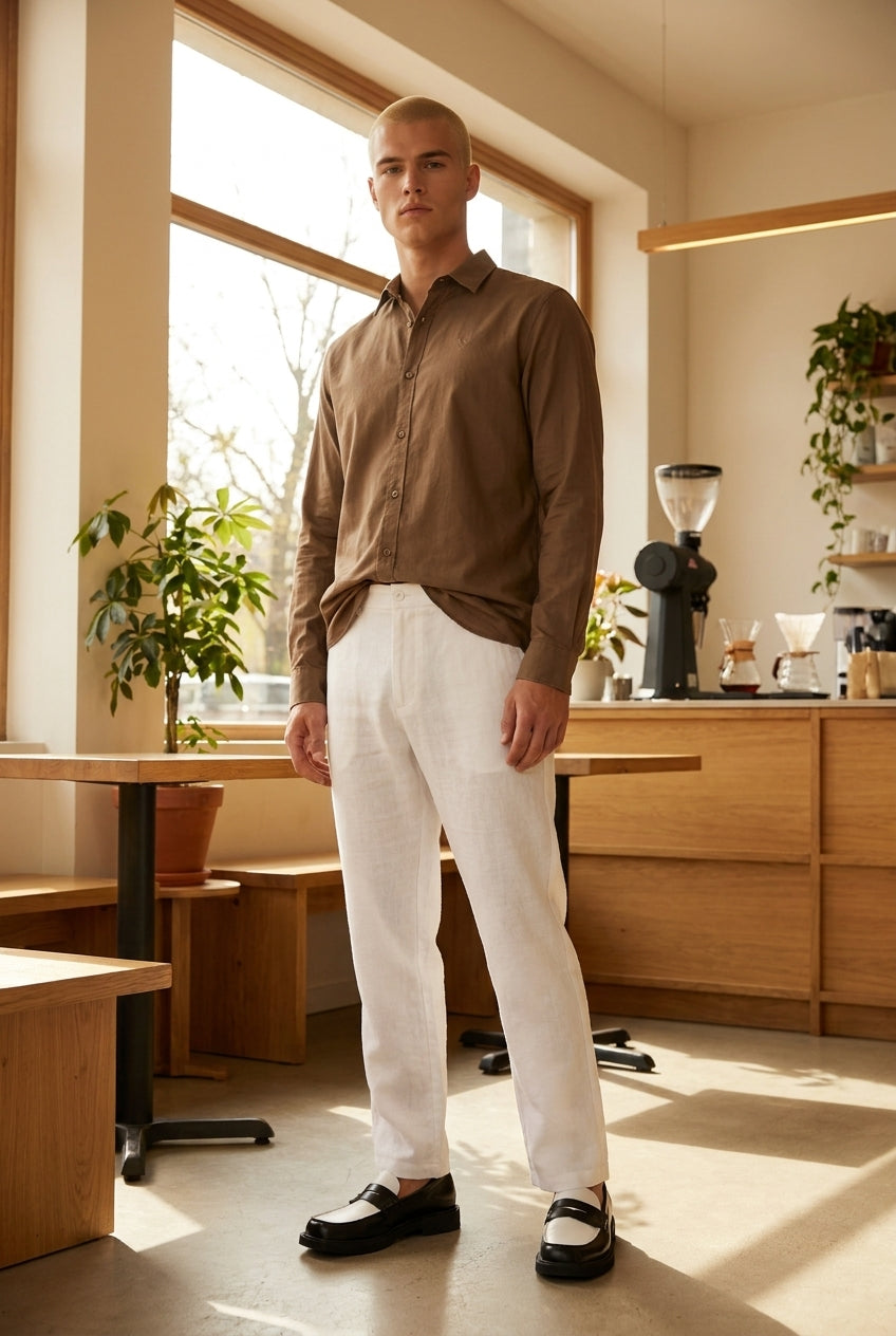 DEEDAT Linen Regular Fit Long Sleeves Cutaway Collar Shirt - Brown