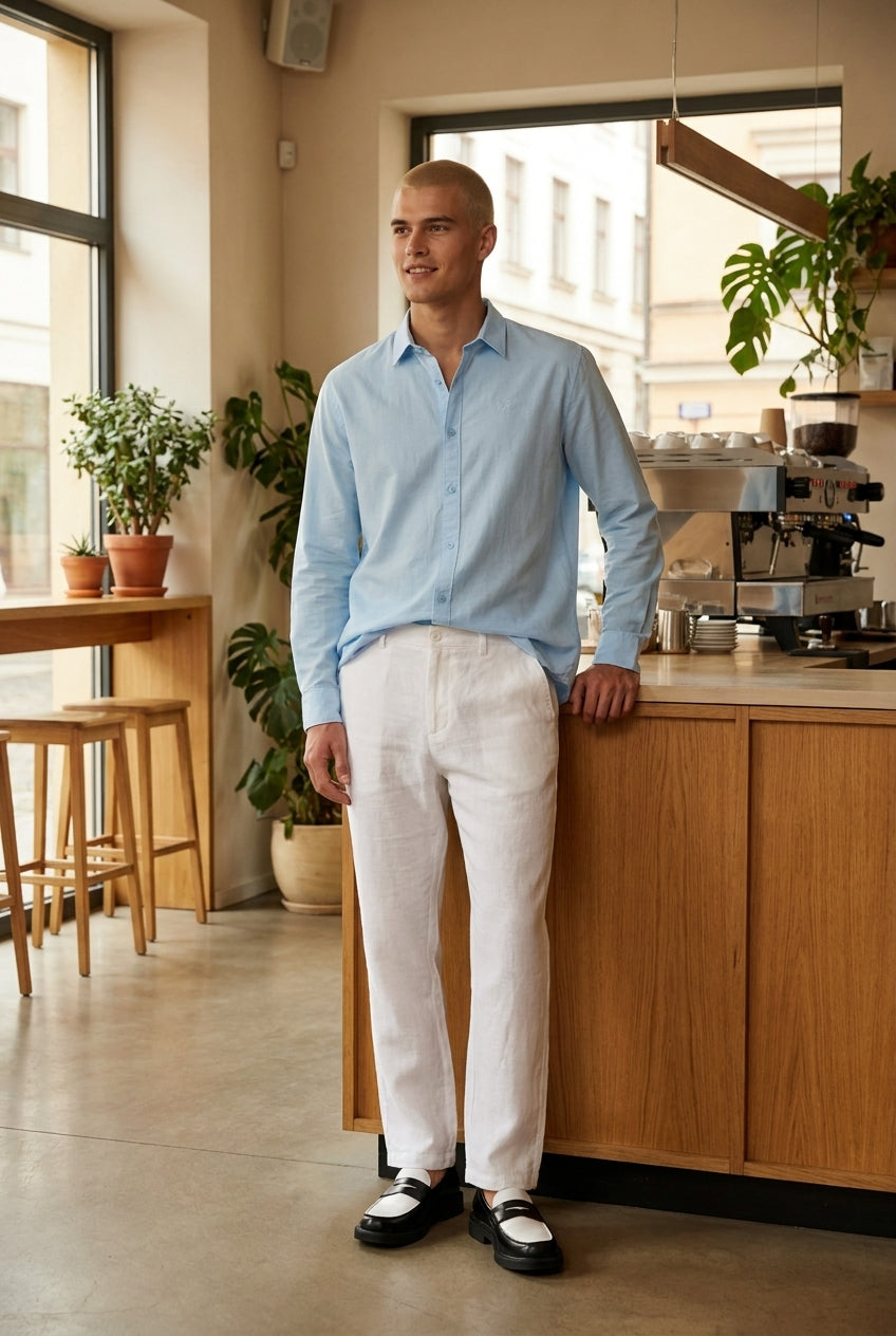 DEEDAT Linen Regular Fit Long Sleeves Cutaway Collar Shirt - Light Blue