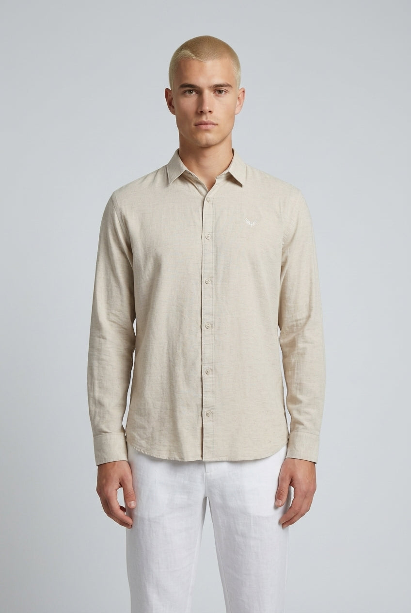 DEEDAT Linen Regular Fit Long Sleeves Cutaway Collar Shirt - Beige