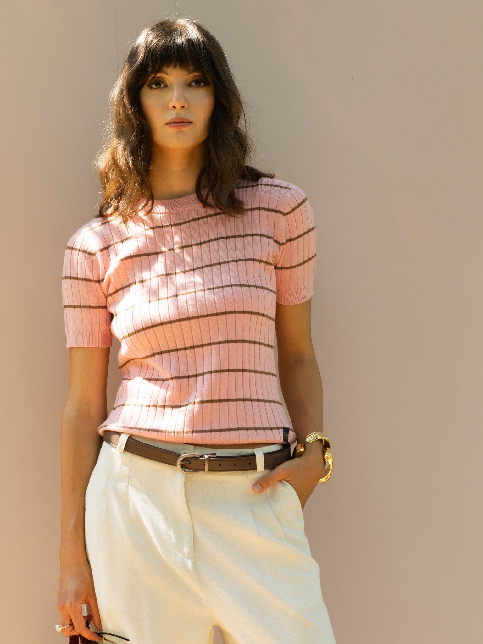 DEEDAT PORTOFINO Women's Crew Neck Striped Tees – Pink