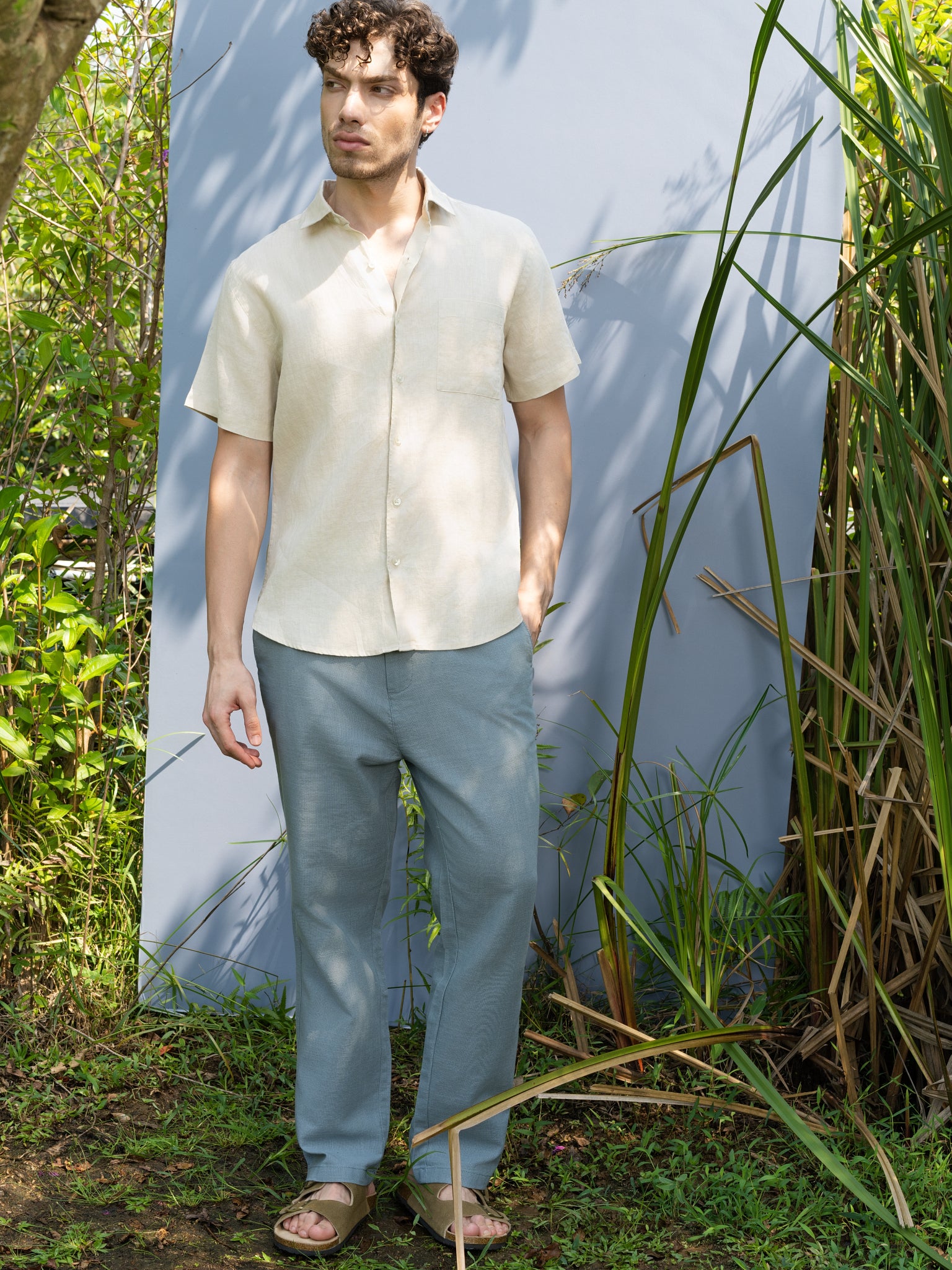 DEEDAT Regular Fit Linen Casual Shirt - Beige