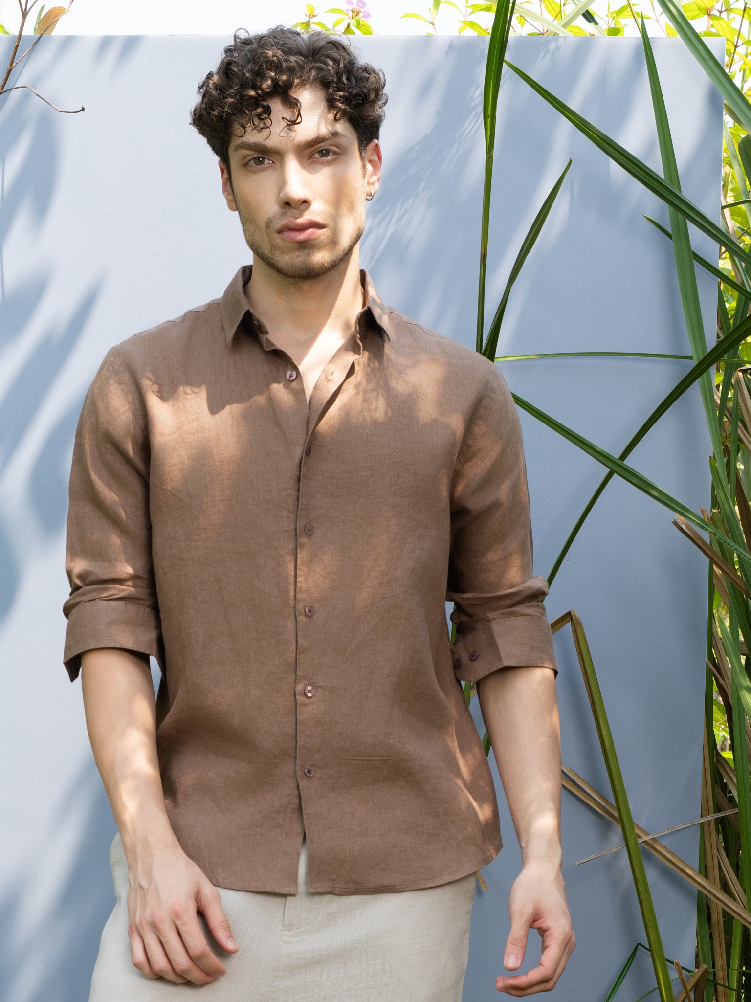 DEEDAT Regular Fit Linen Casual Shirt - Brown