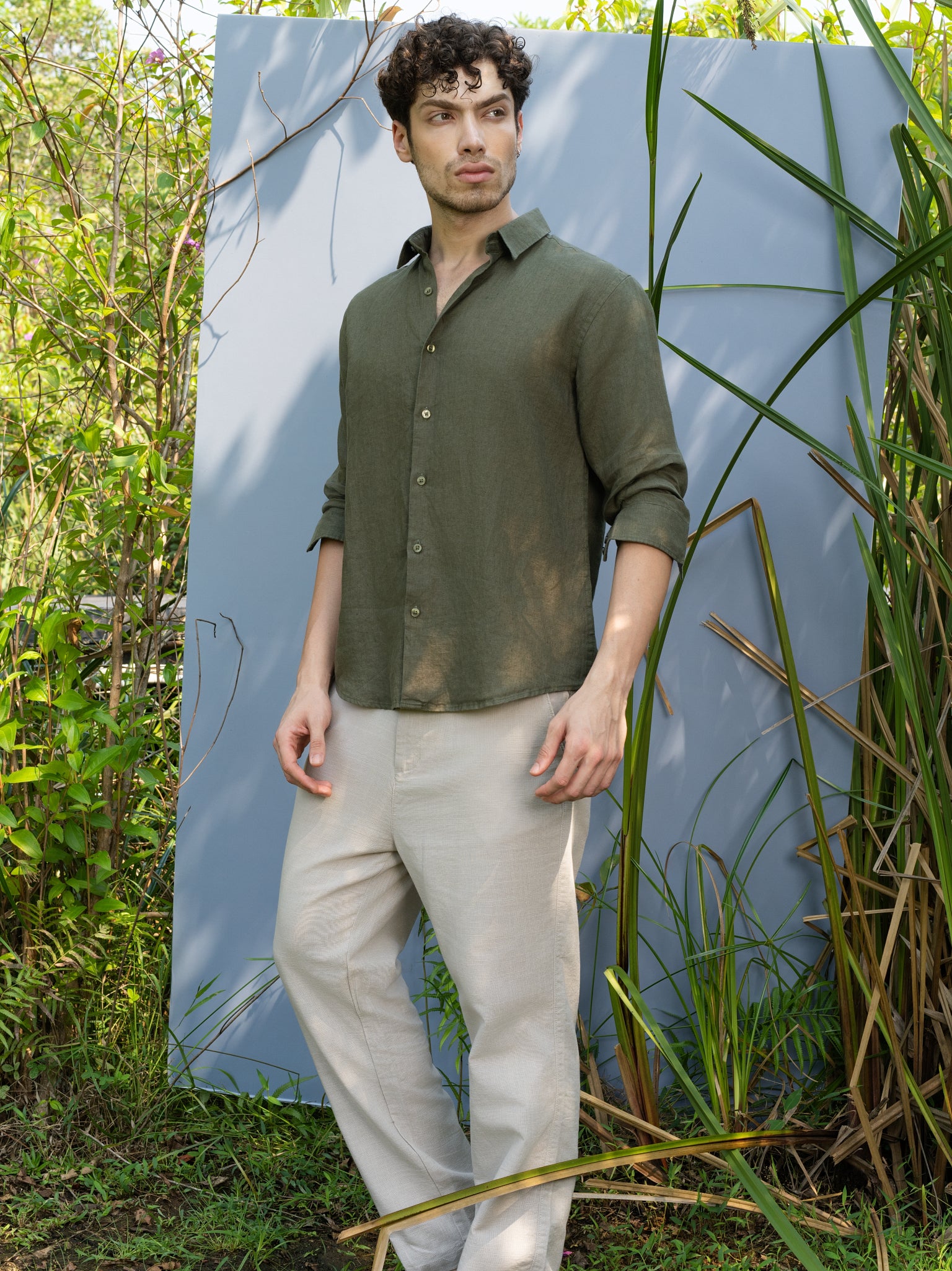 DEEDAT Regular Fit Linen Casual Shirt - Olive