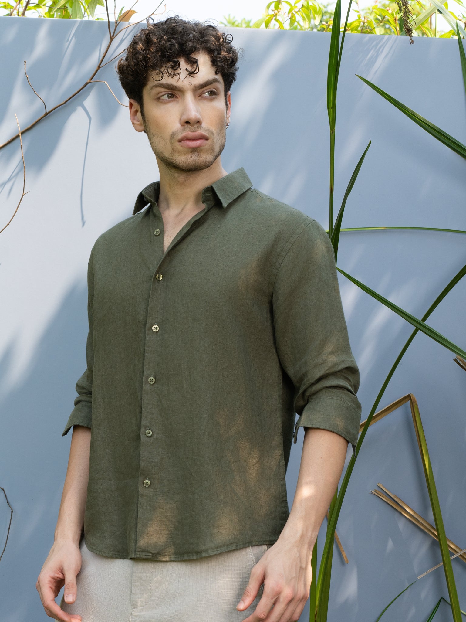 DEEDAT Regular Fit Linen Casual Shirt - Olive