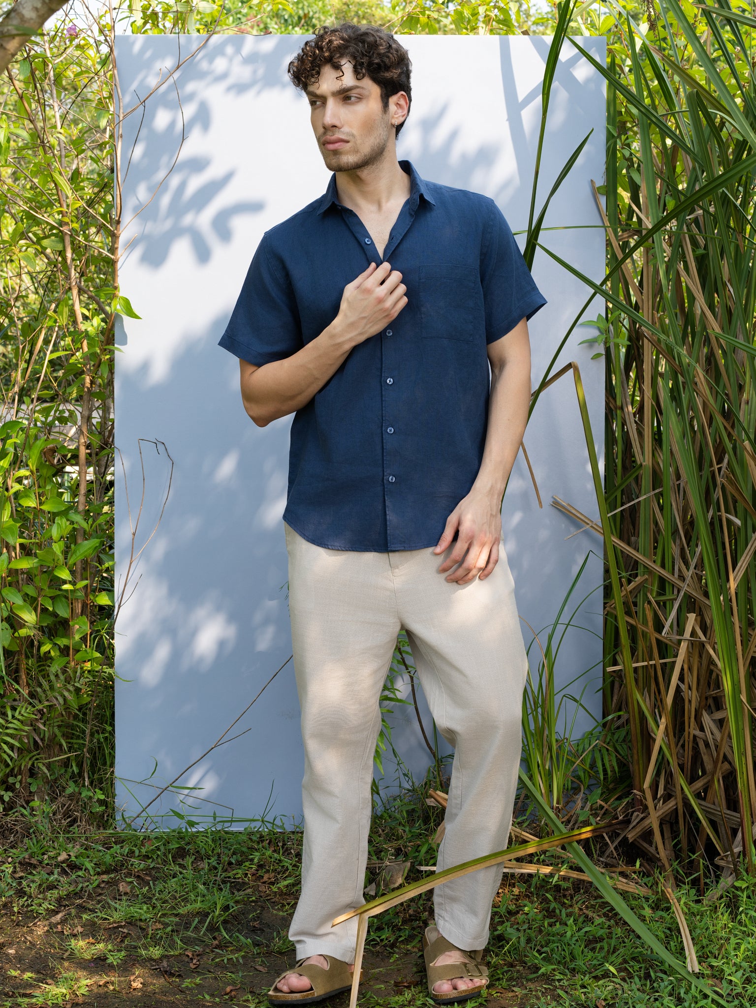 DEEDAT Regular Fit Linen Casual Shirt - Navy