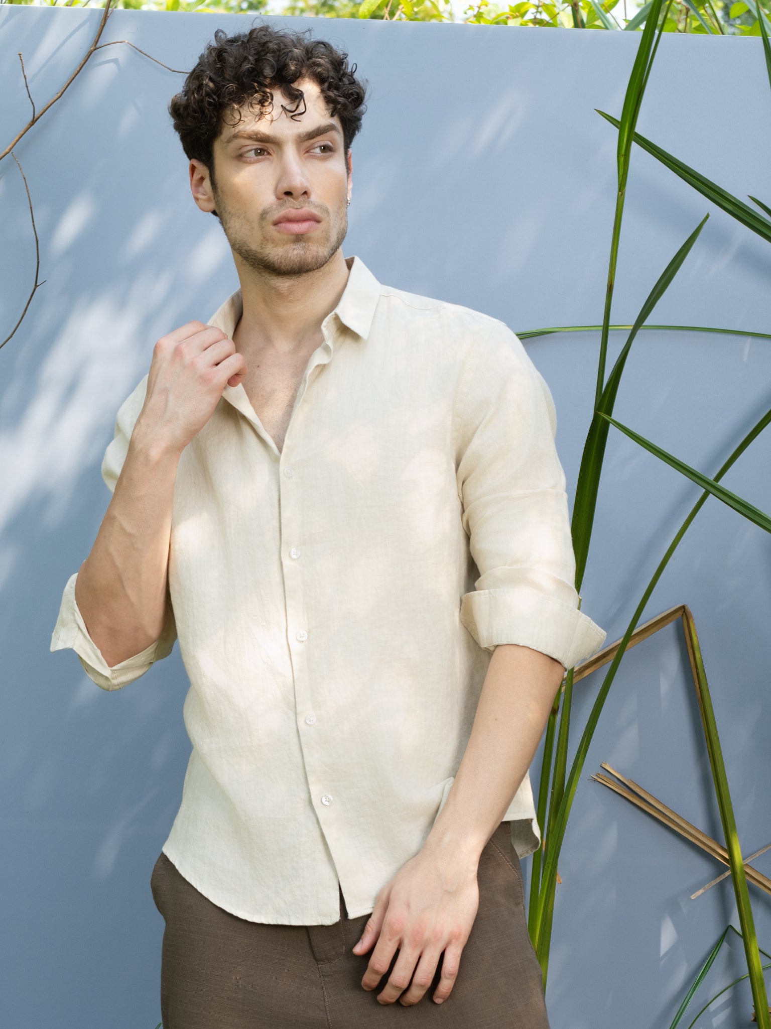 DEEDAT Regular Fit Linen Casual Shirt - Beige