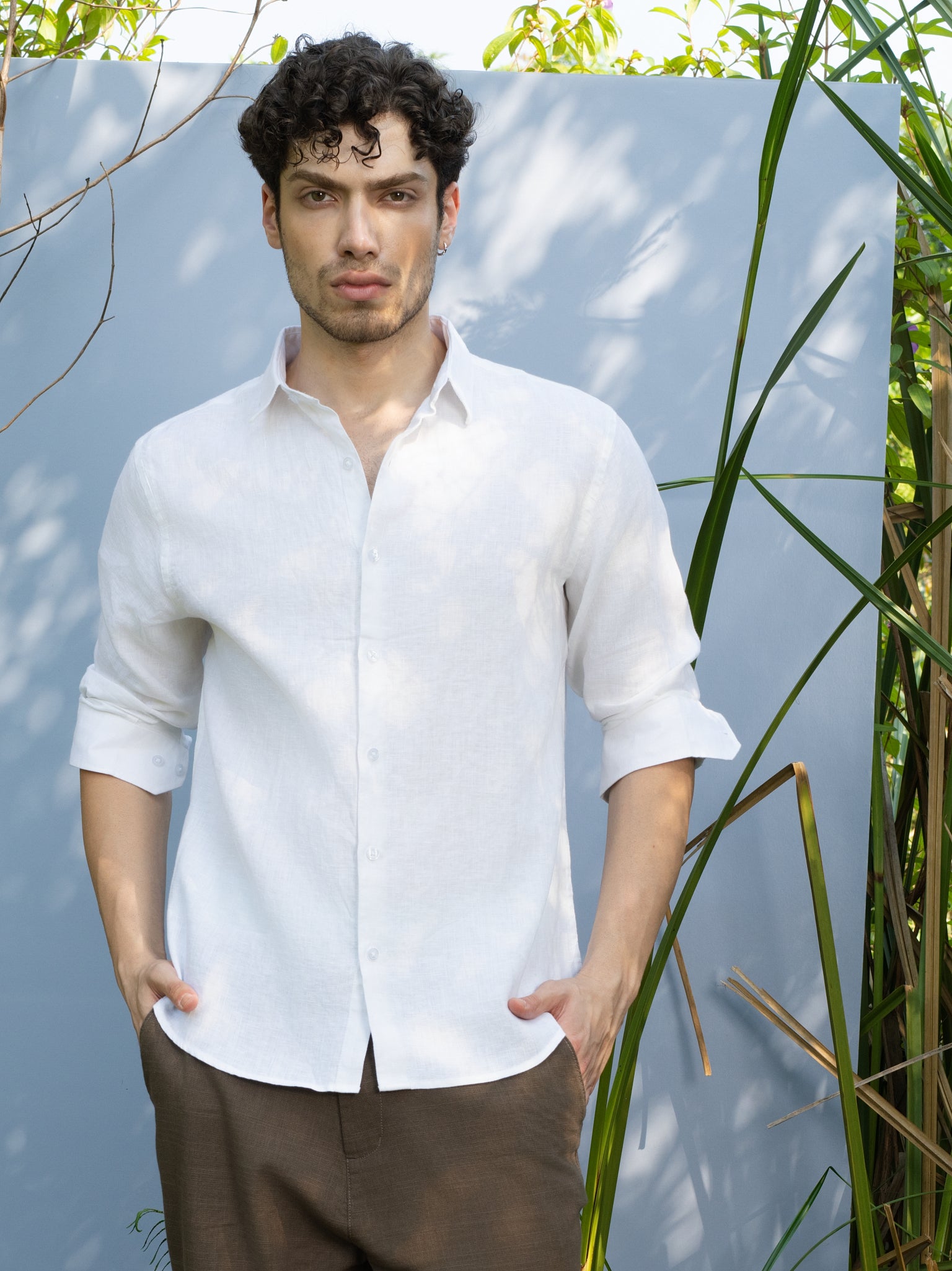 DEEDAT Regular Fit Linen Casual Shirt - White