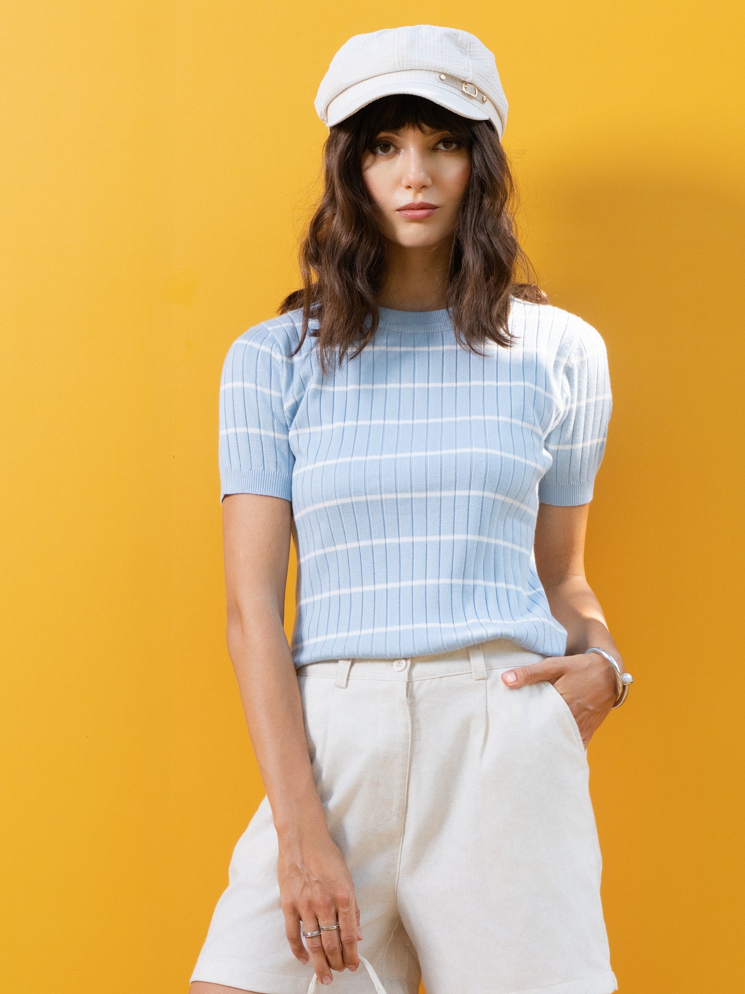 DEEDAT PORTOFINO Women's Crew Neck Short Sleeve Striped Tees – Light Blue