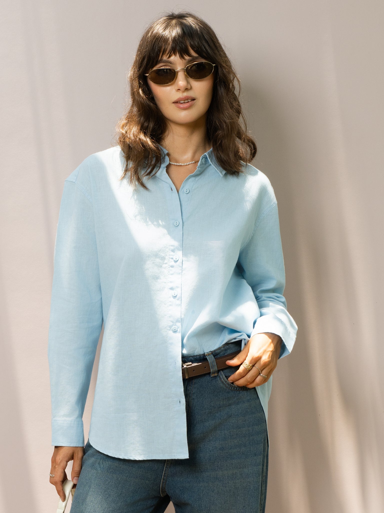 DEEDAT PORTOFINO Oversize Linen Casual Blouse - Light Blue