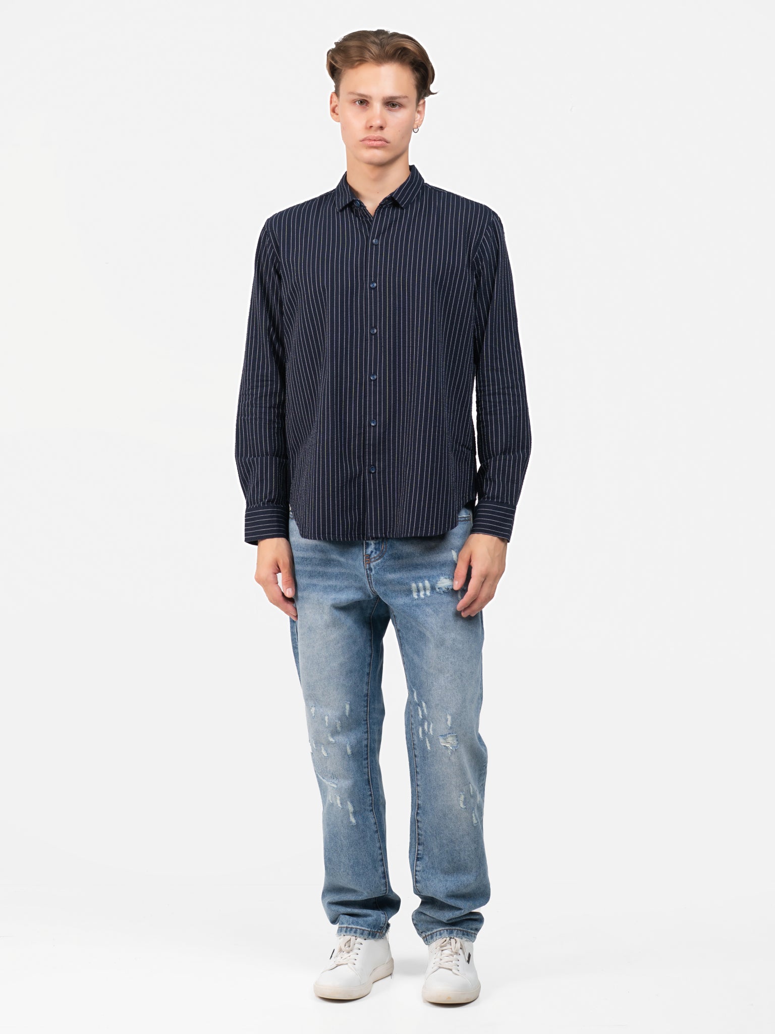 DEEDAT Regular Fit Long Sleeve Cutaway Collar Shirt - Navy