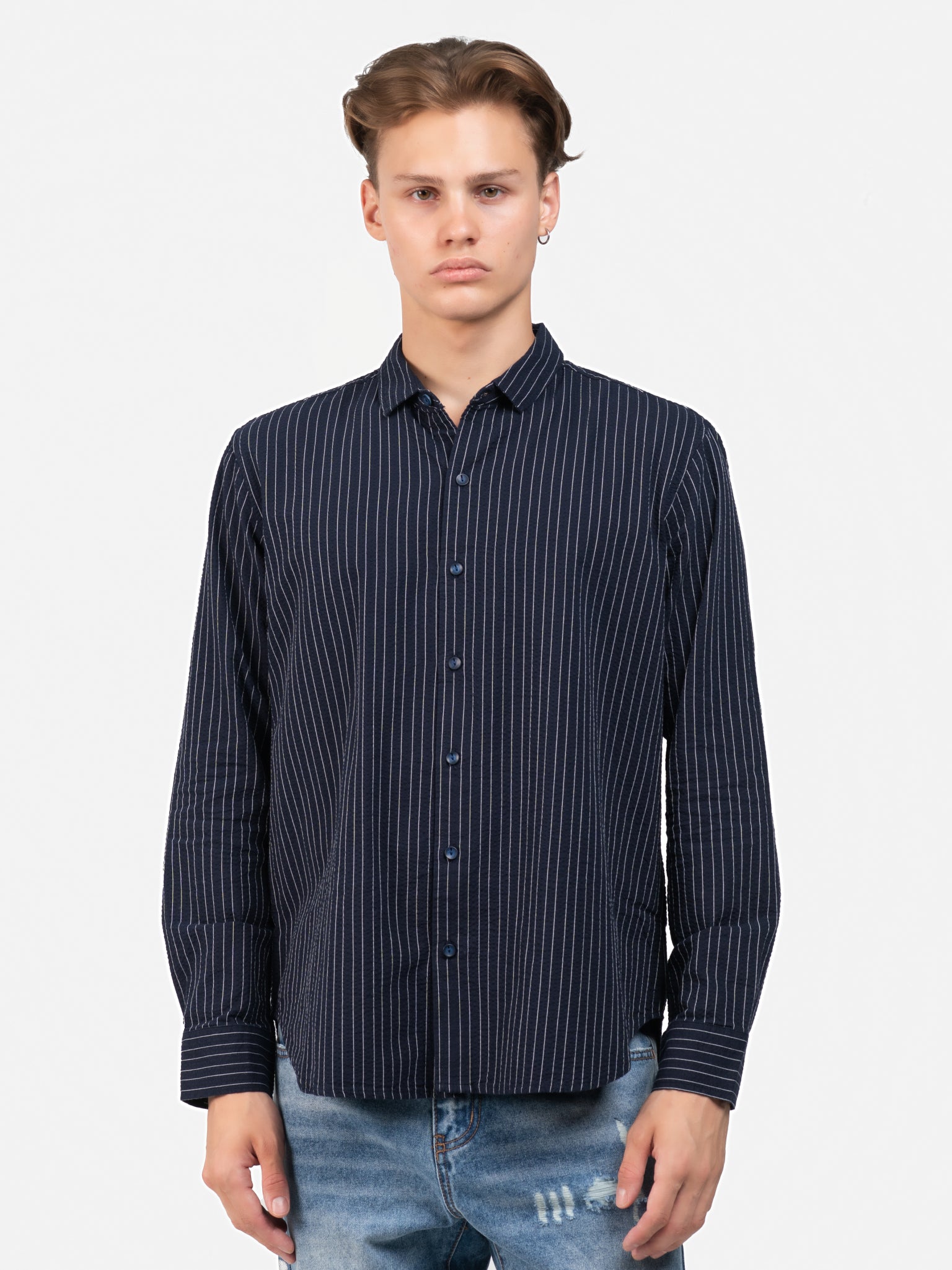 DEEDAT Regular Fit Long Sleeve Cutaway Collar Shirt - Navy