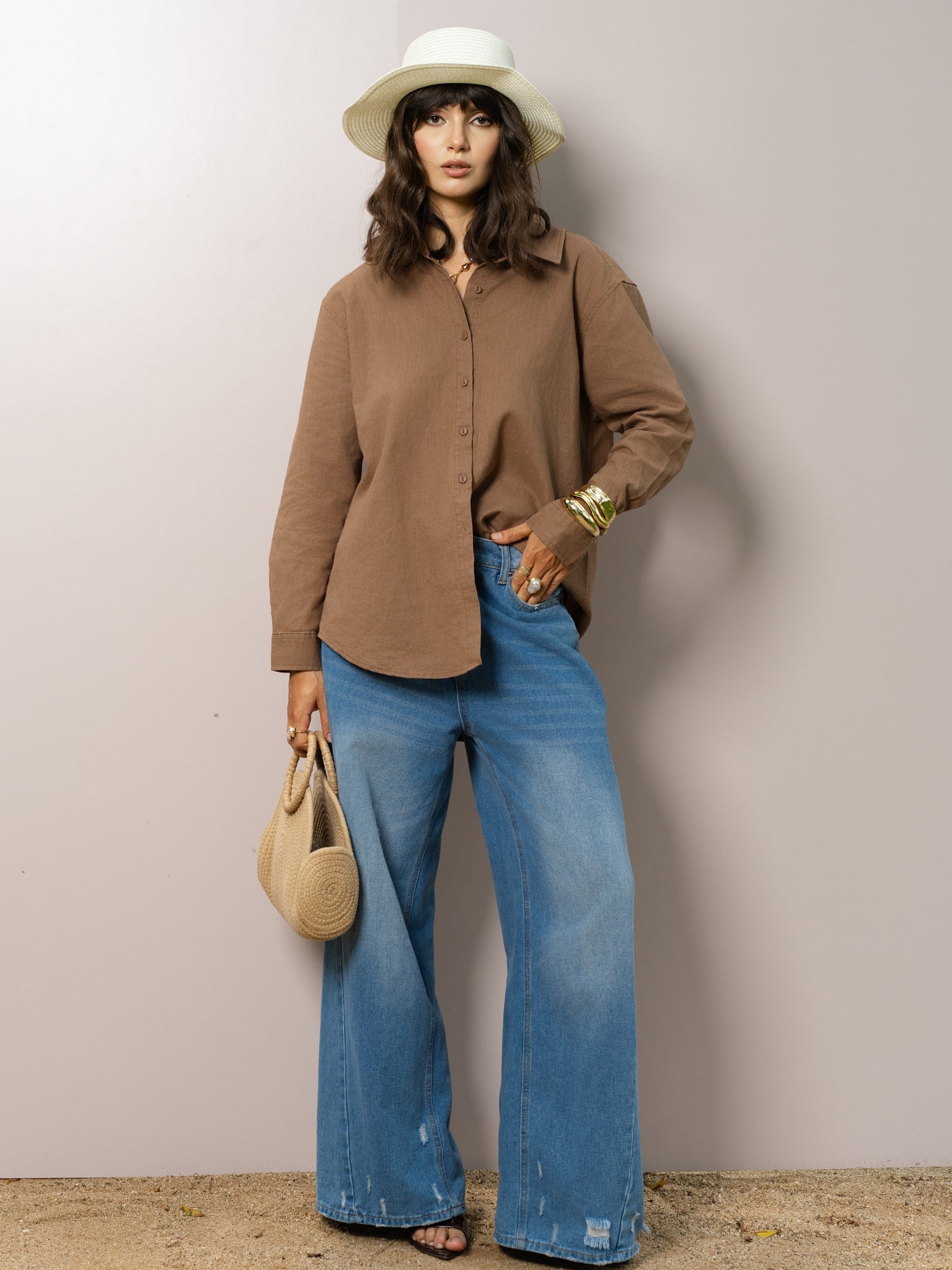 DEEDAT PORTOFINO Oversize Linen Casual Blouse - Brown