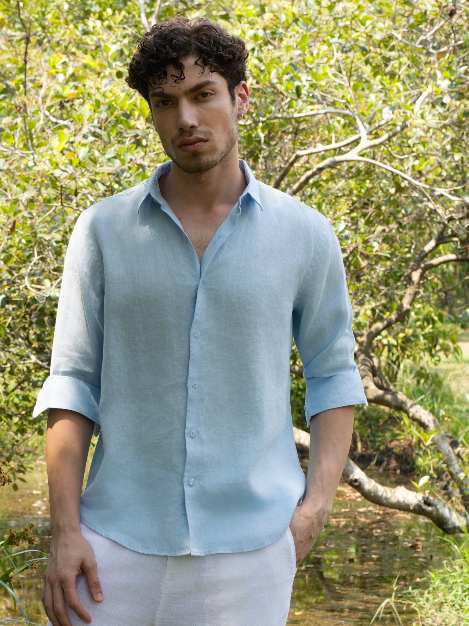 DEEDAT Regular Fit Linen Casual Shirt - Light Blue