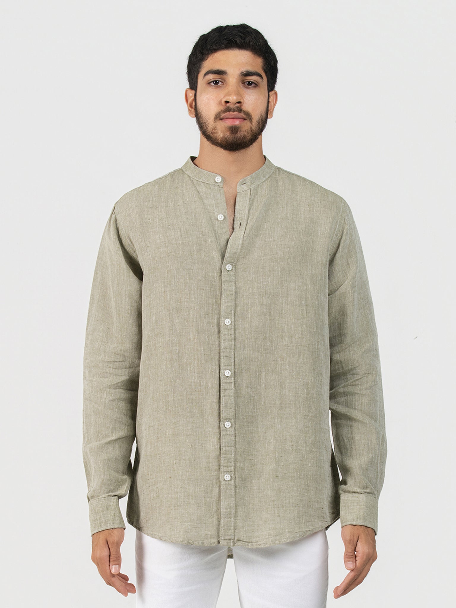 DEEDAT Linen Long Sleeve Shirt - Olive