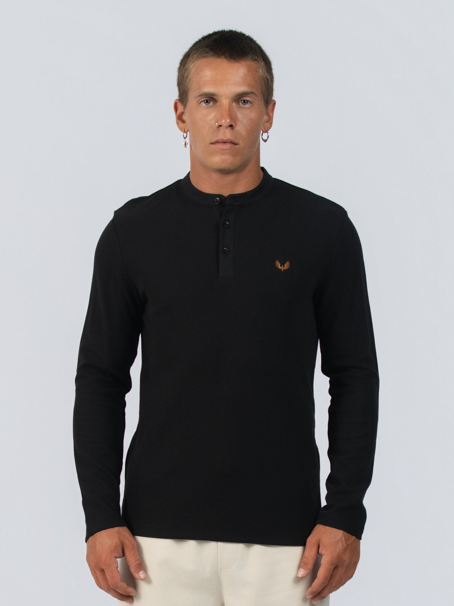DEEDAT Long Sleeve Henley Neck Slim Fit Tees - Black