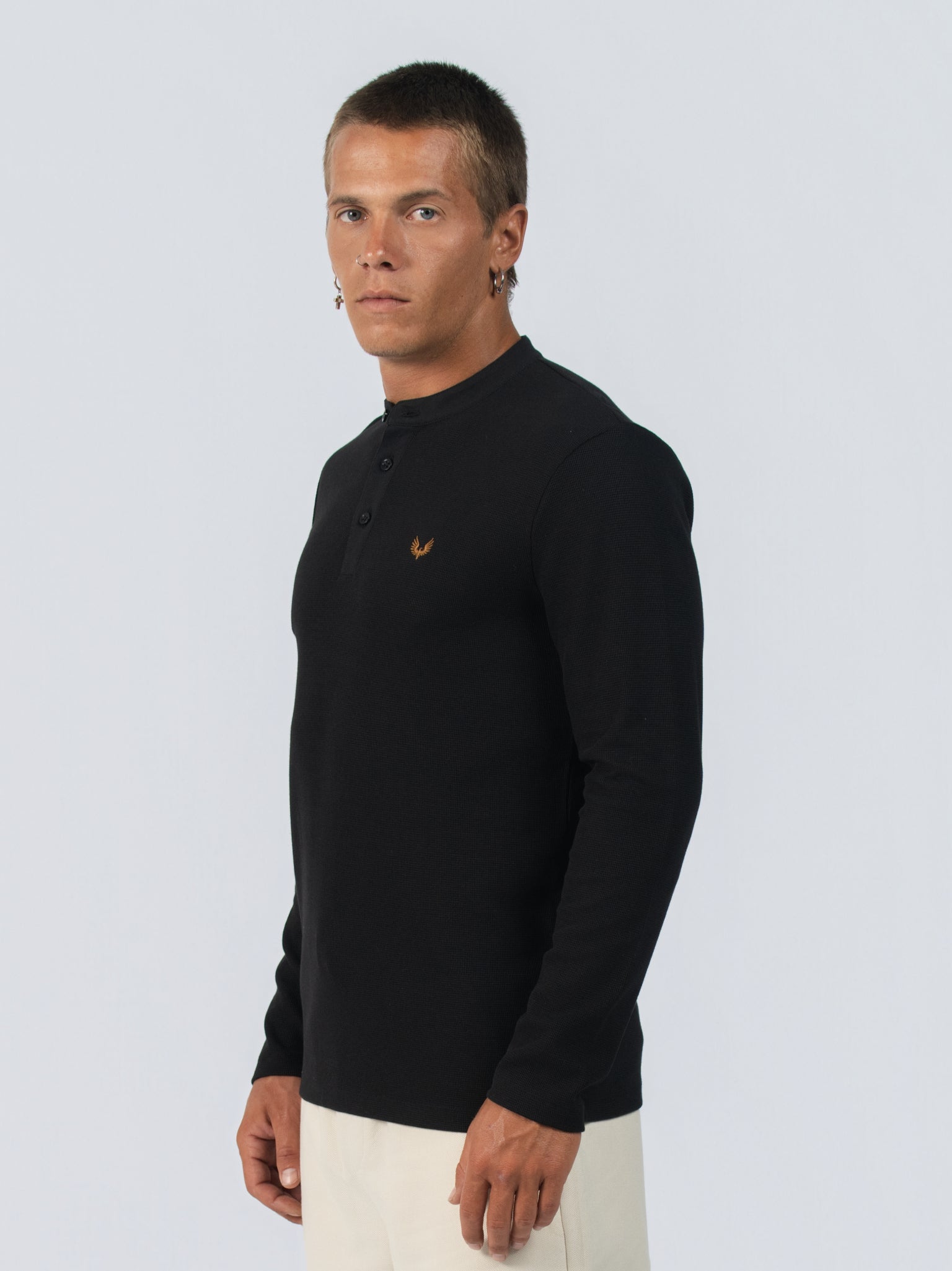 DEEDAT Long Sleeve Henley Neck Slim Fit Tees - Black