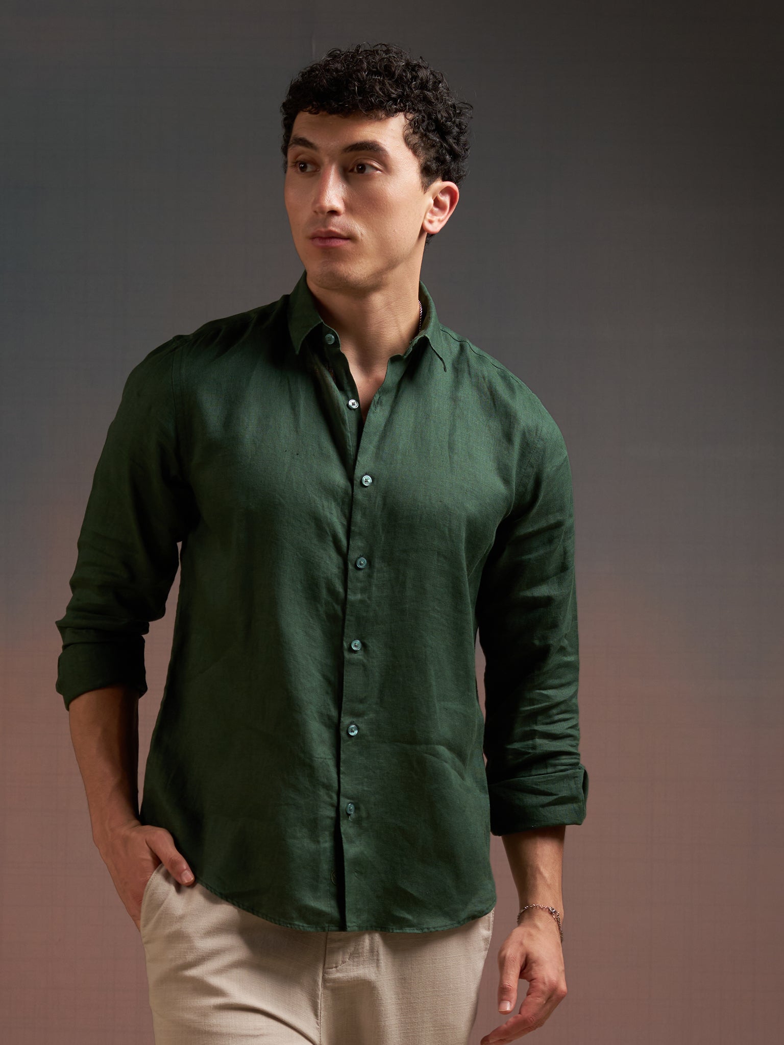 DEEDAT Regular Fit Cutaway Collar Linen Casual Shirt - Dark Green