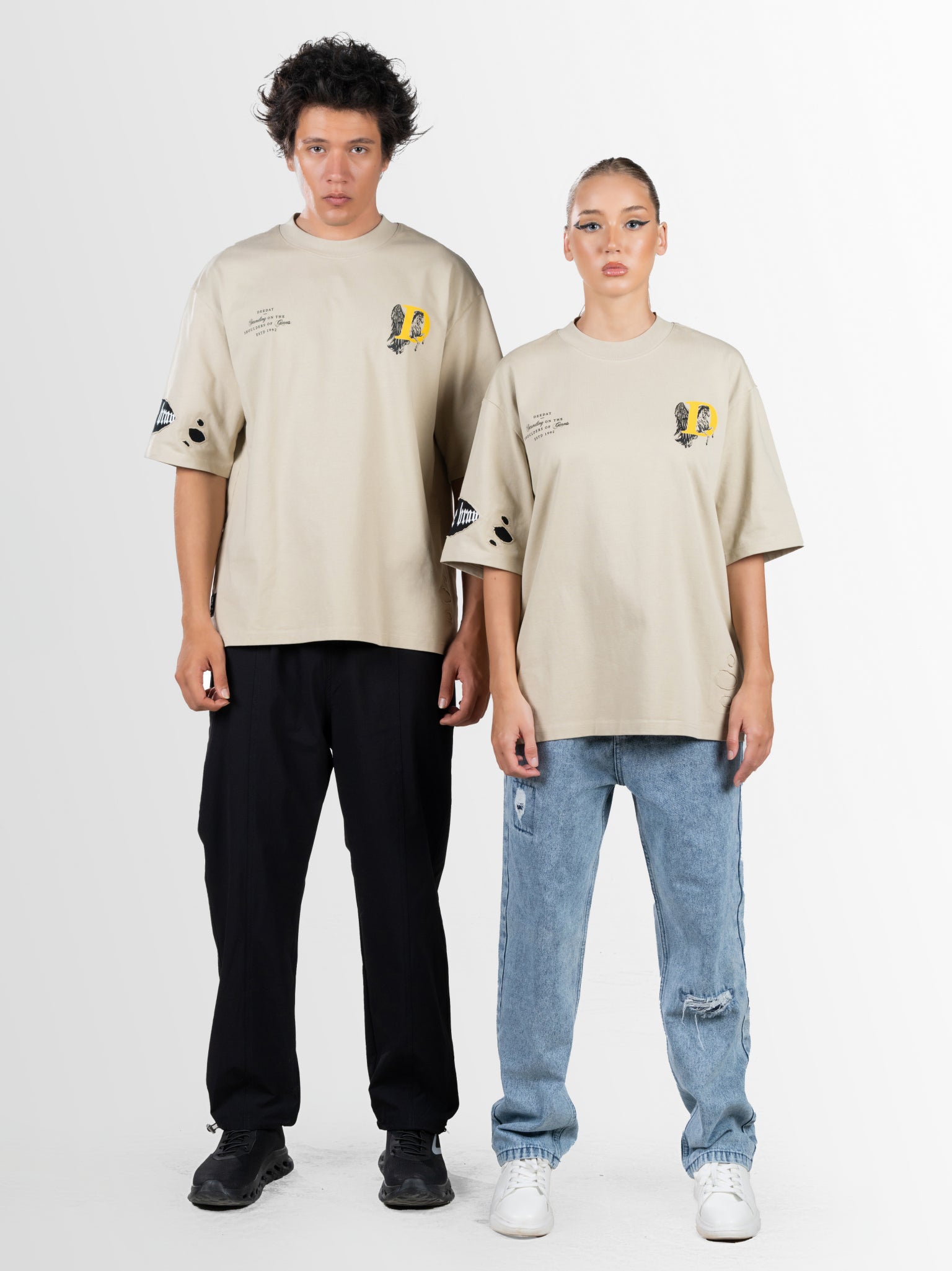 DEEDAT Only The Brave Short Sleeve Oversized Crew Neck Tee - Beige