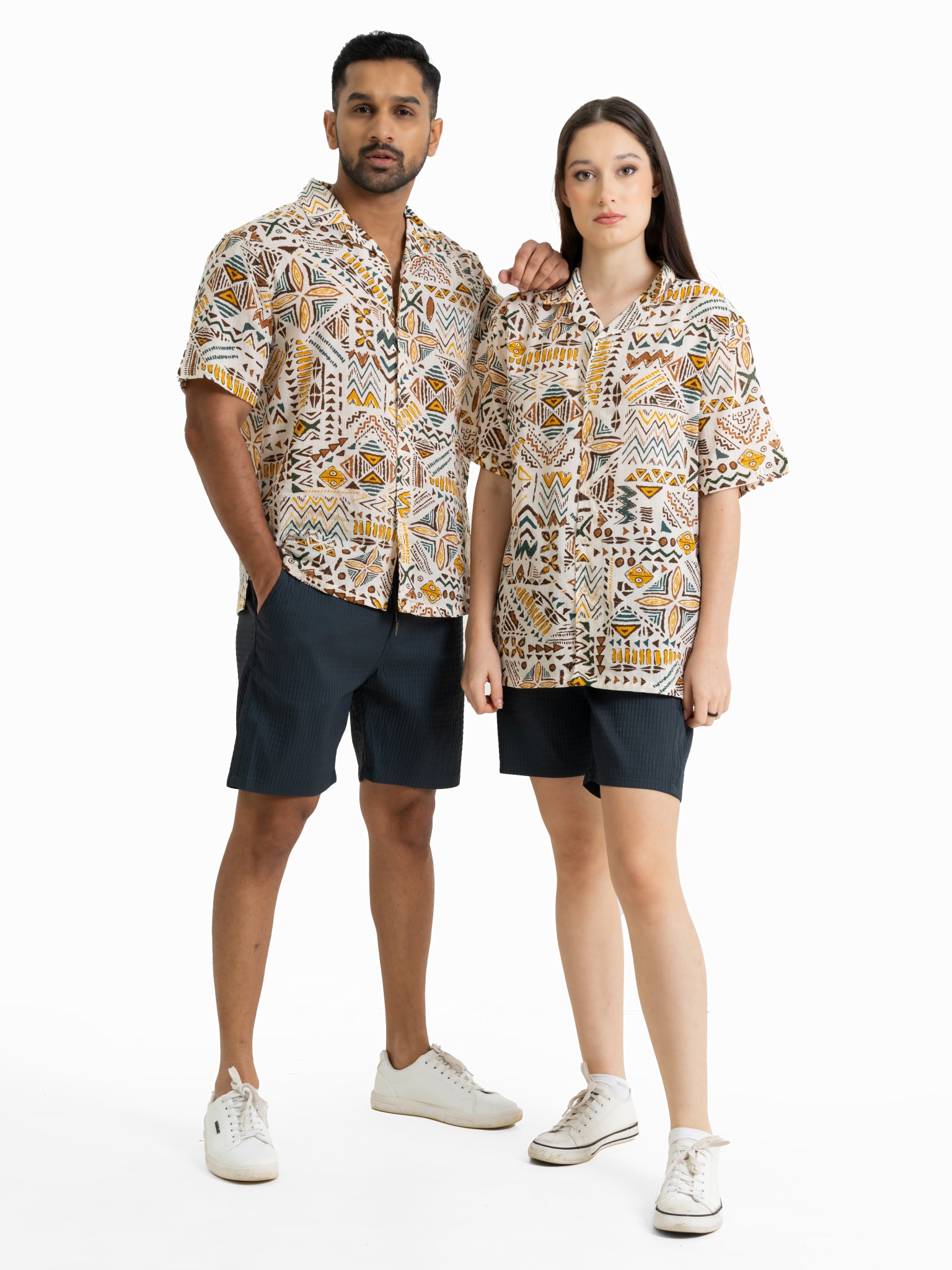 DEEDAT NATURE VERSE Short Sleeve Casual Shirt - Beige & Mustard