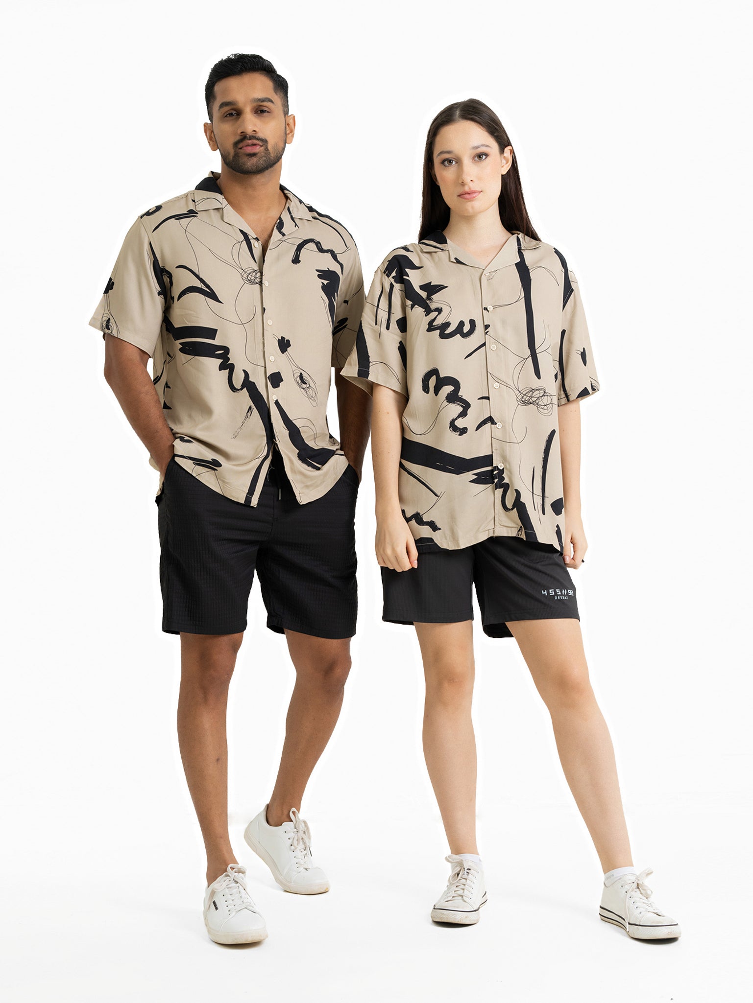 DEEDAT NATURE VERSE Short Sleeve Casual Shirt - Beige & Black