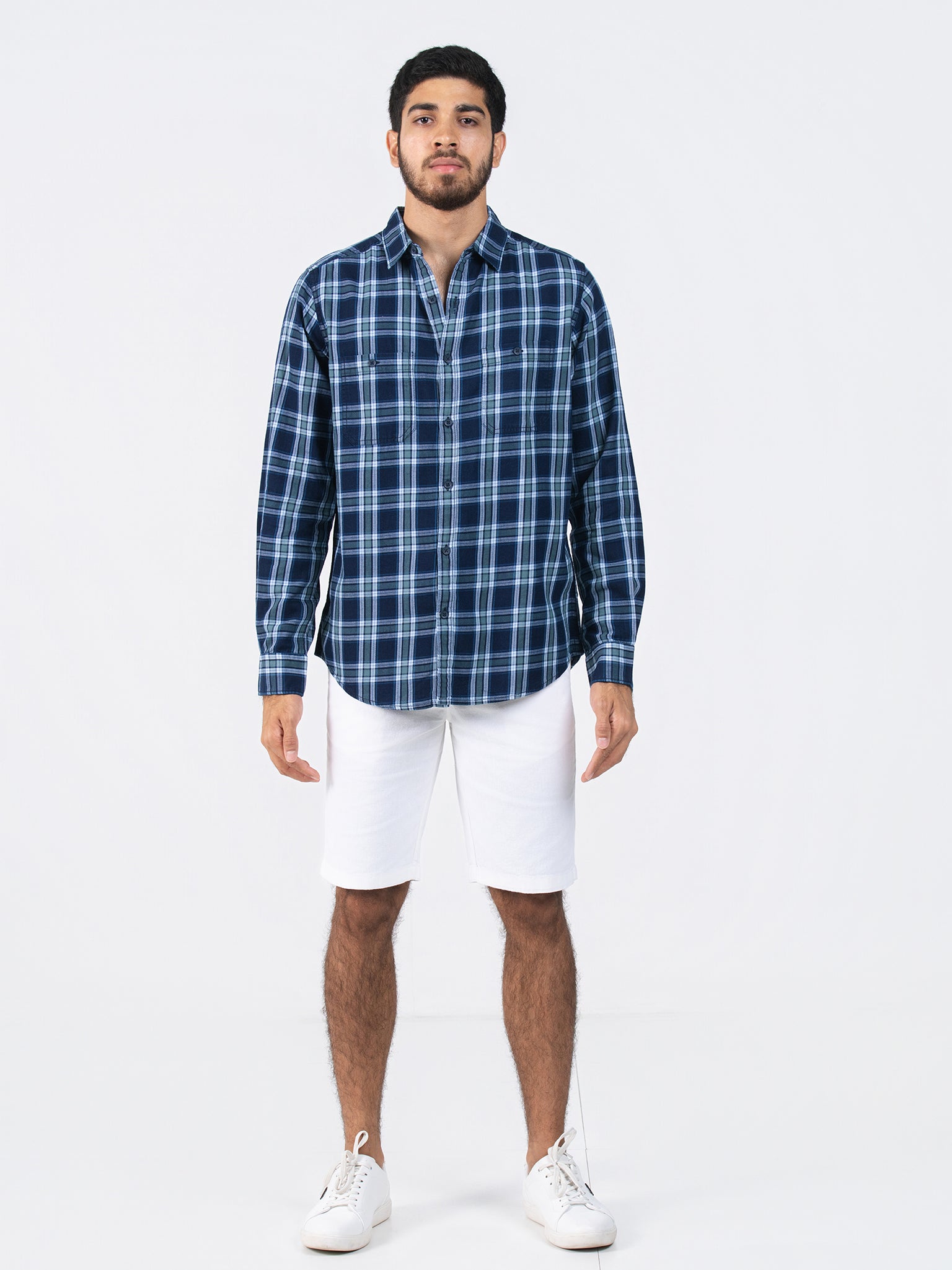 DEEDAT Slim Fit Long Sleeve Check Shirt - Navy Green
